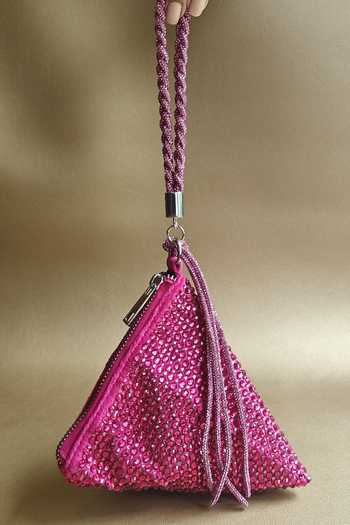 Buy Pink Swarovski Crystals Delhi Embellished Pyramid Bag by Plode