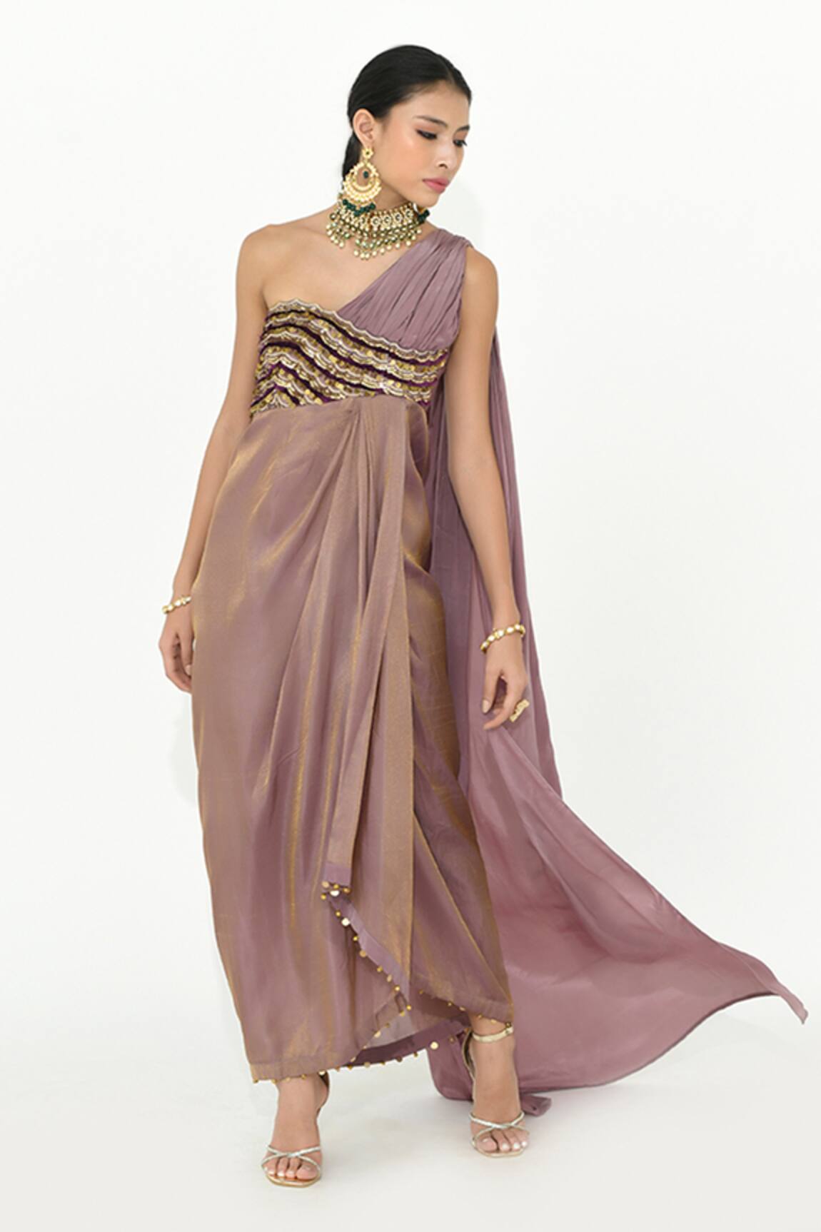 Rishi and Vibhuti Vivi One-Shoulder Embroidered Draped Dress