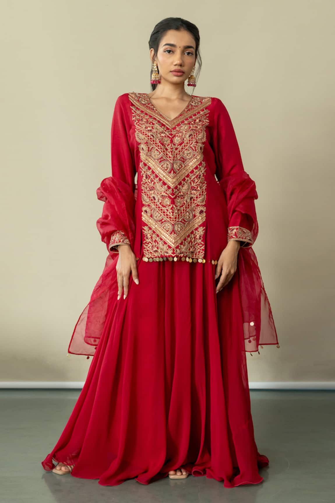 World of Sugandh Ruby Radiance Fleur Embroidered Kurti Sharara Set