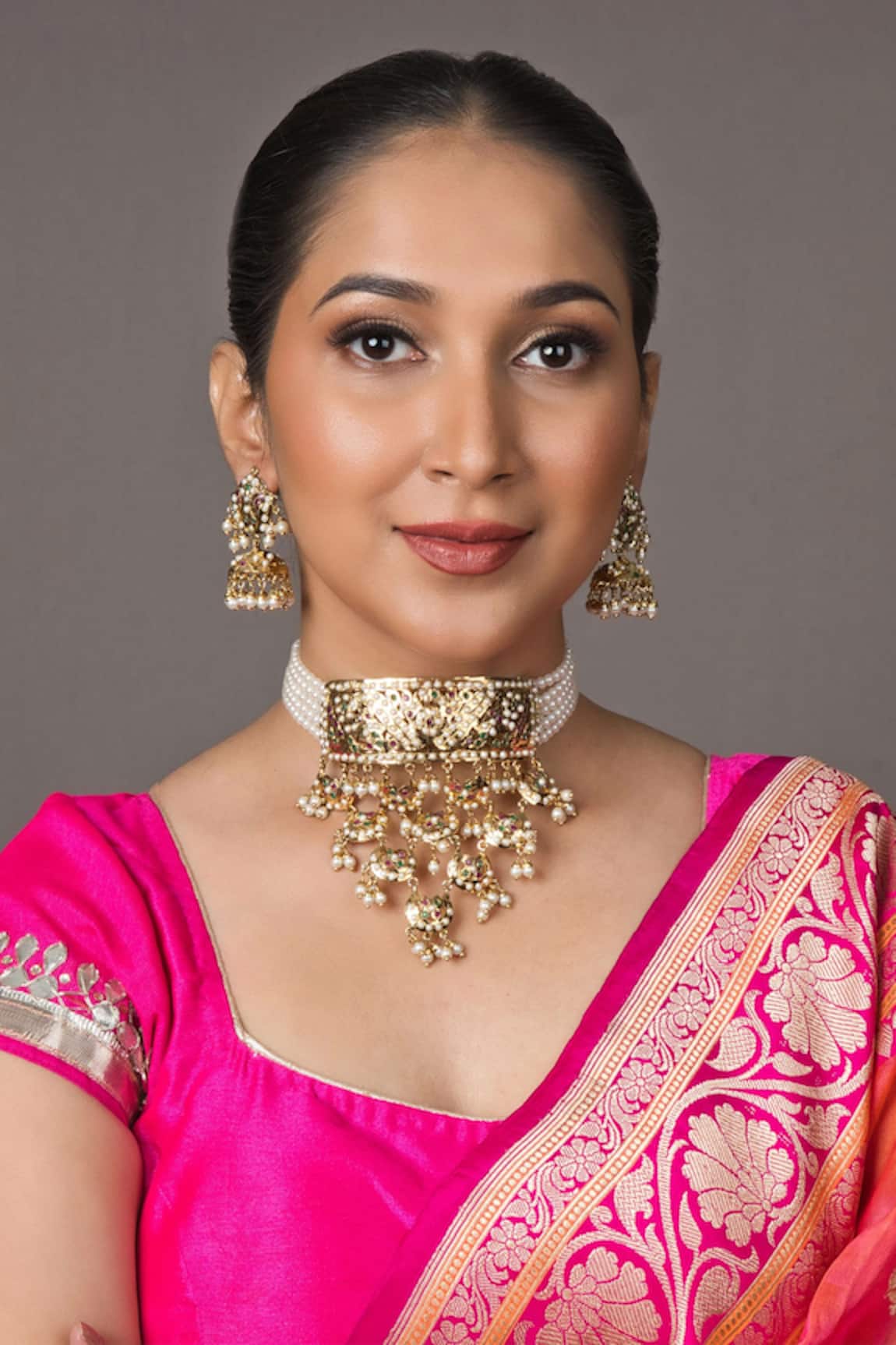Queens Jewels Stone Studded Waterfall Layered Choker Set 