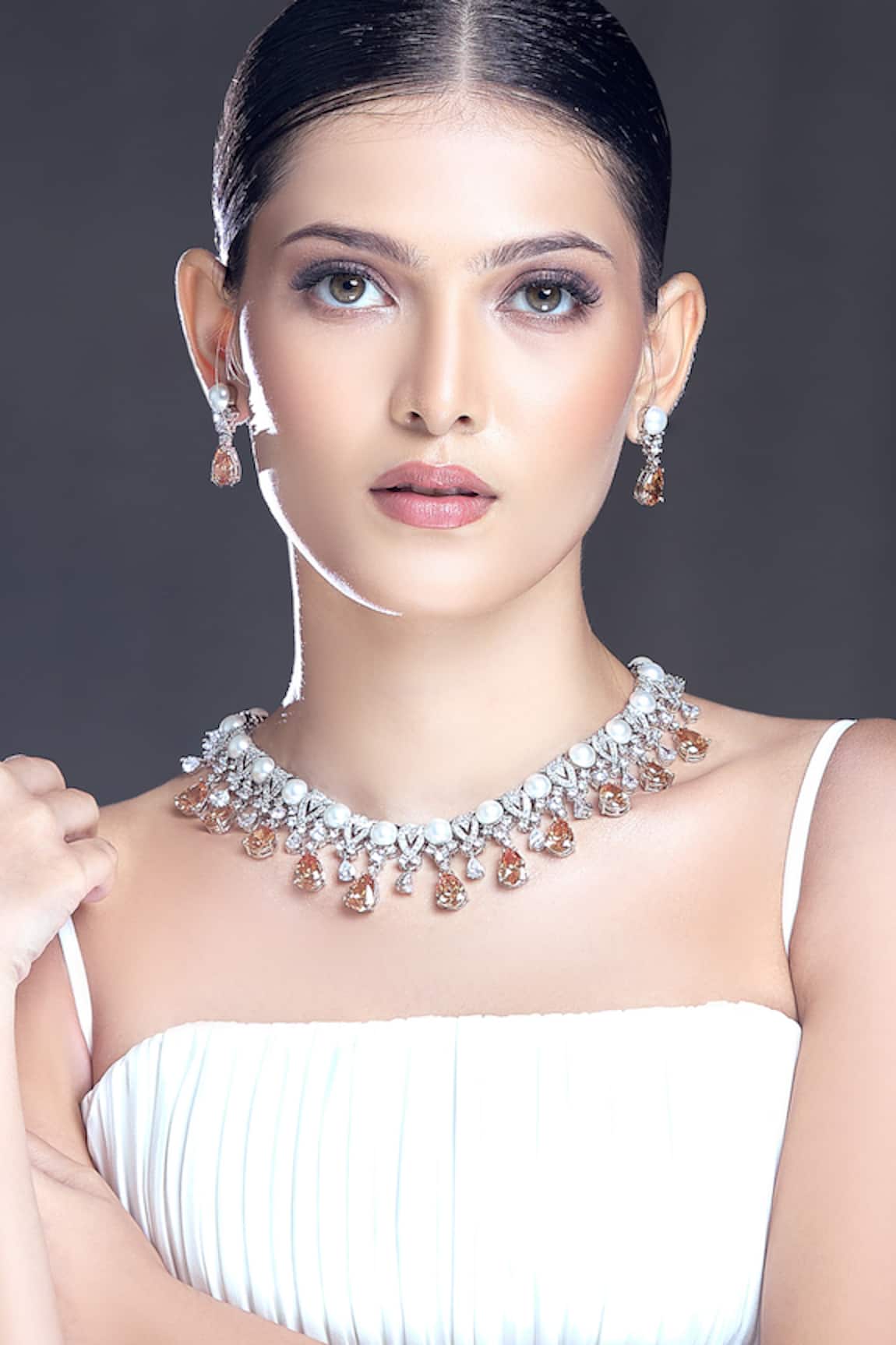 Moh-Maya By Disha Khatri Zircon & Pearl Embellished Necklace Set 