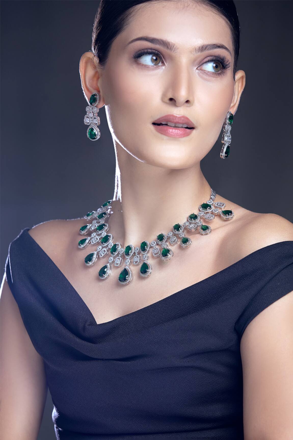 Moh-Maya By Disha Khatri Zircon & Emerald Stone Embellished Necklace Set