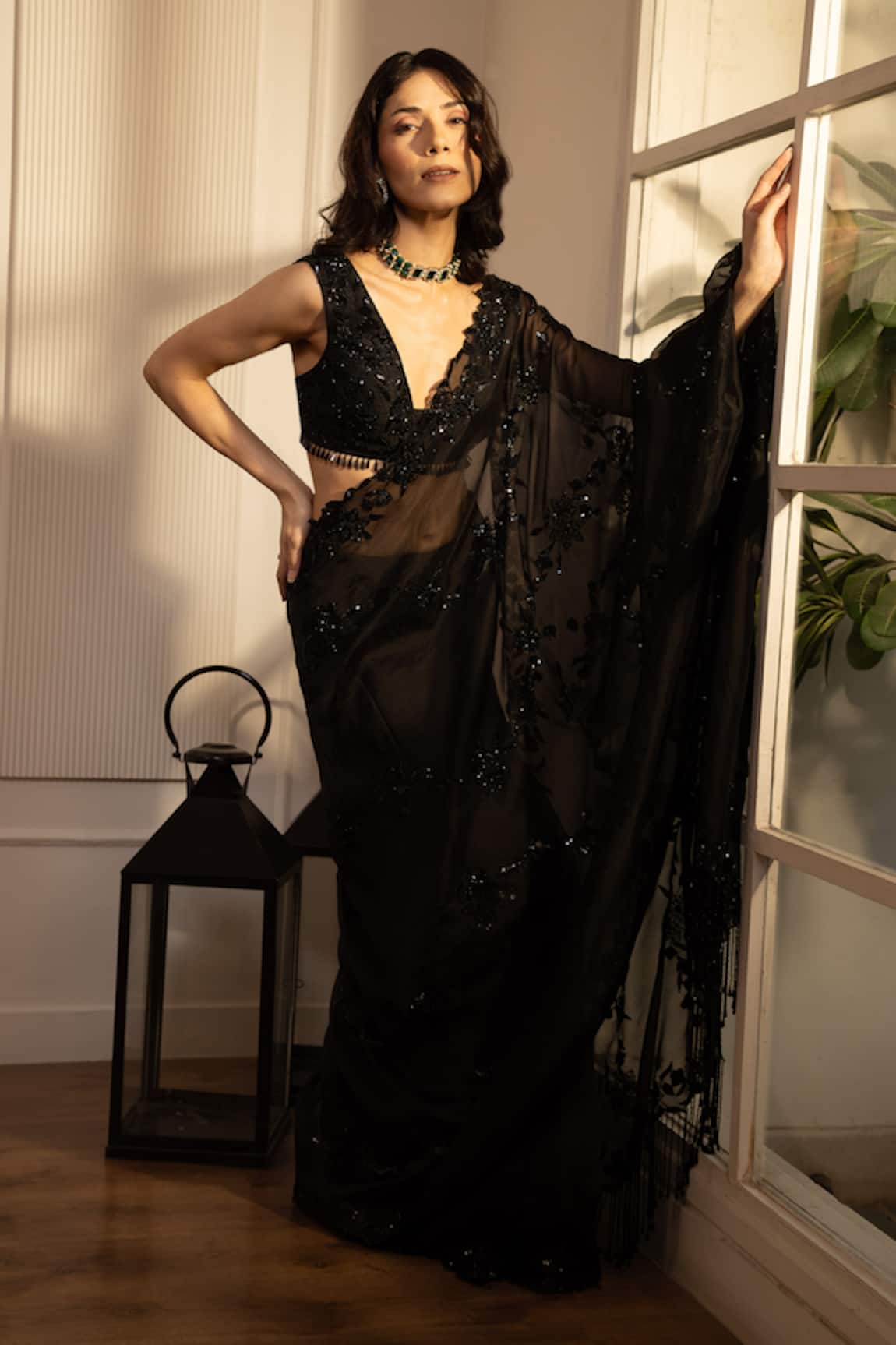 HOUSE OF KÀRMÀH Celestial Embroidered Blouse With Pre-Draped Saree 