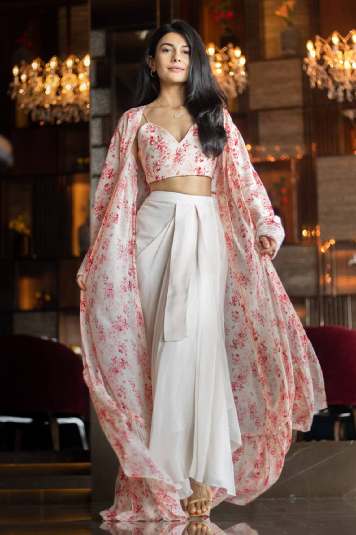 Ewoke Floral Embroidered Bustier & Draped Skirt Set