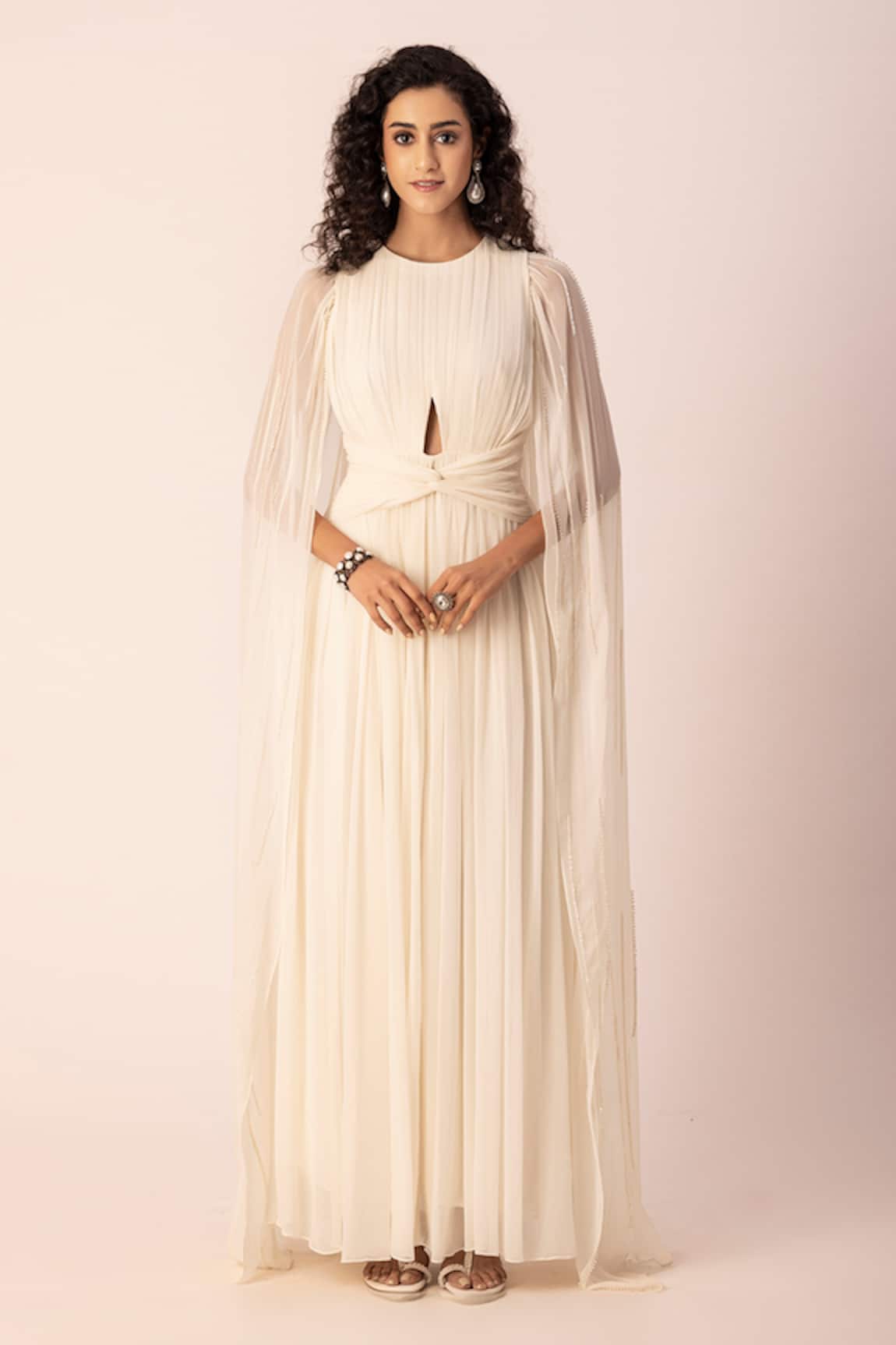 Ewoke Crystal Embroidered Draped Pleated Gown 