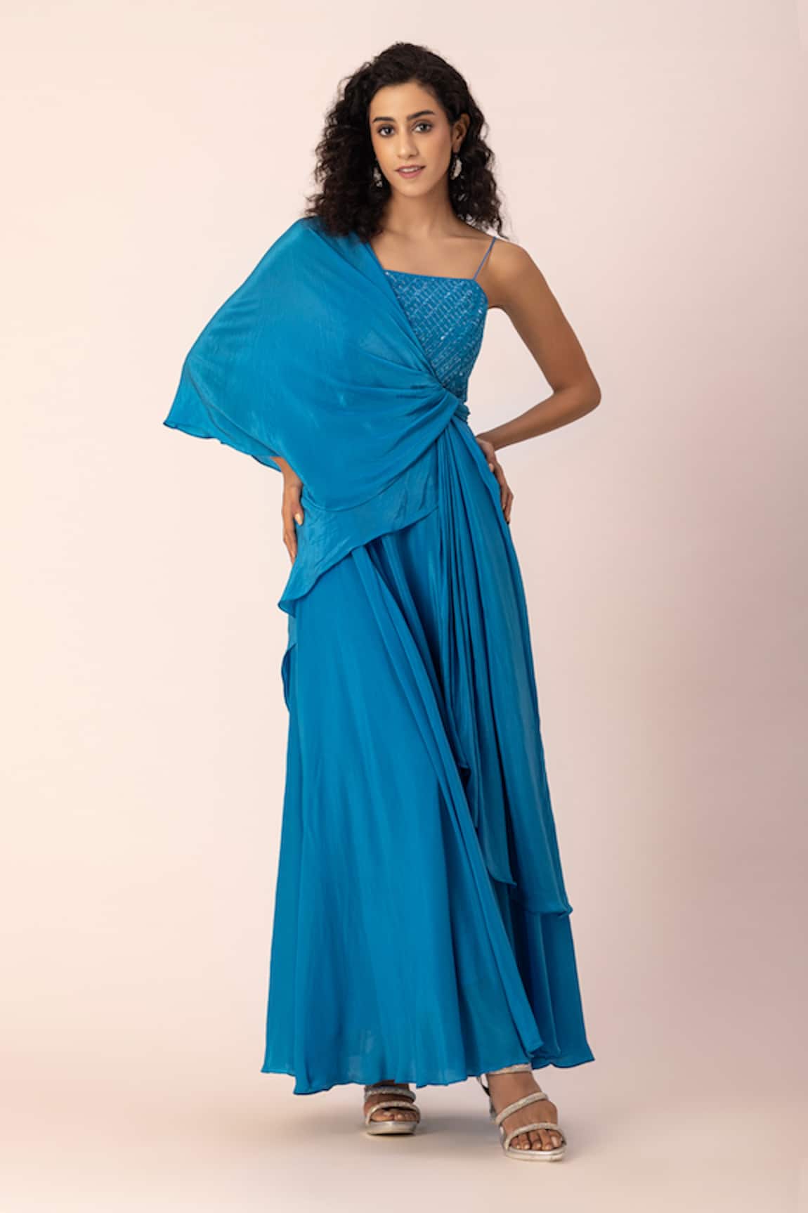 Ewoke Aquamarine Embroidered Drape Gown 