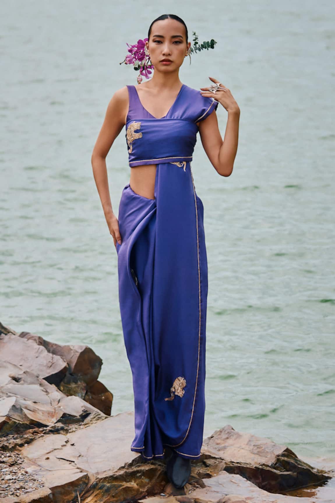 The Whole Nine Yards Raskia Elephant Placement Embroidered Saree With Blouse