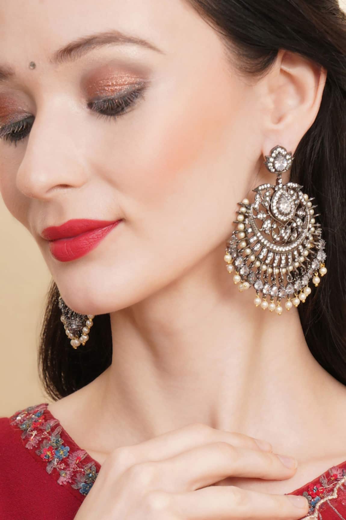 Ruby Raang Stone Studded Floral Chandbalis 