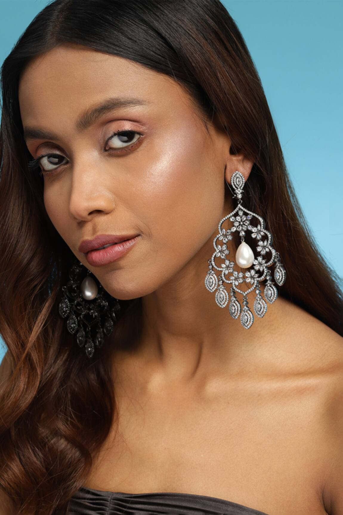 Ruby Raang Floral Swirl Stone Studded Earrings 