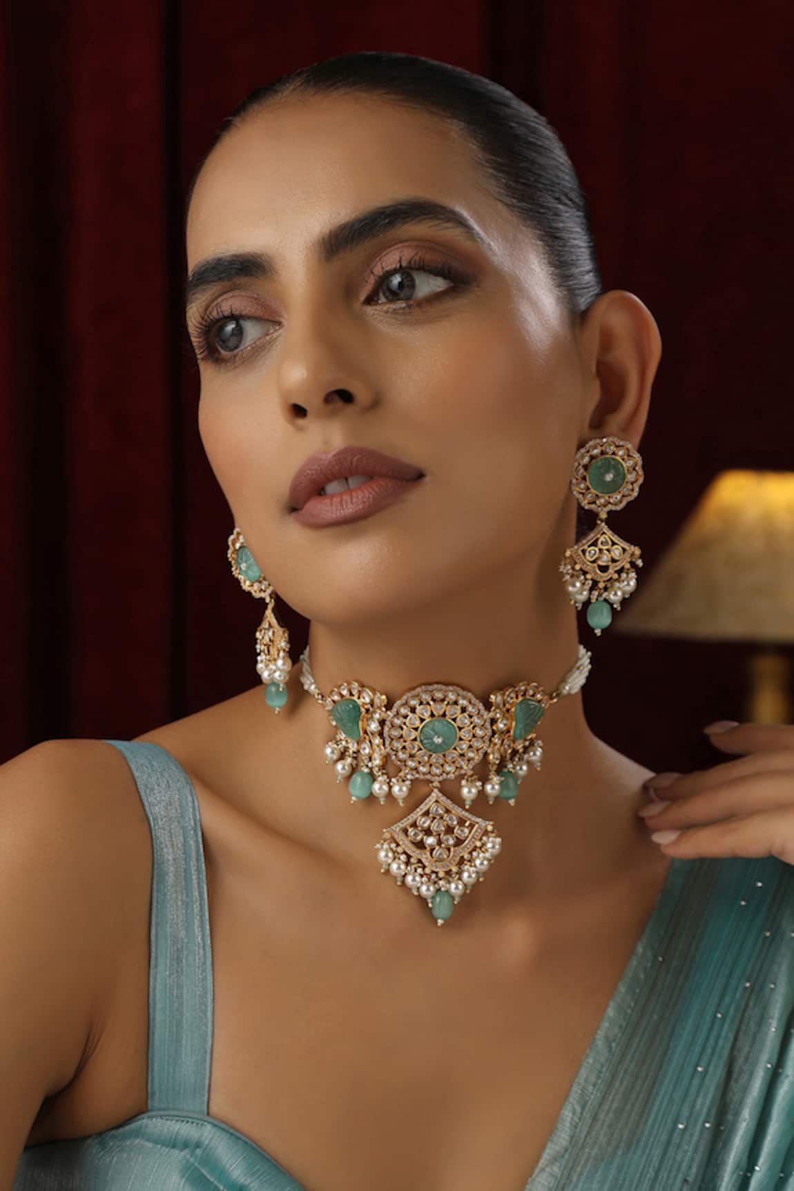 Swabhimann Floral Polki Studded Beaded Choker Set 