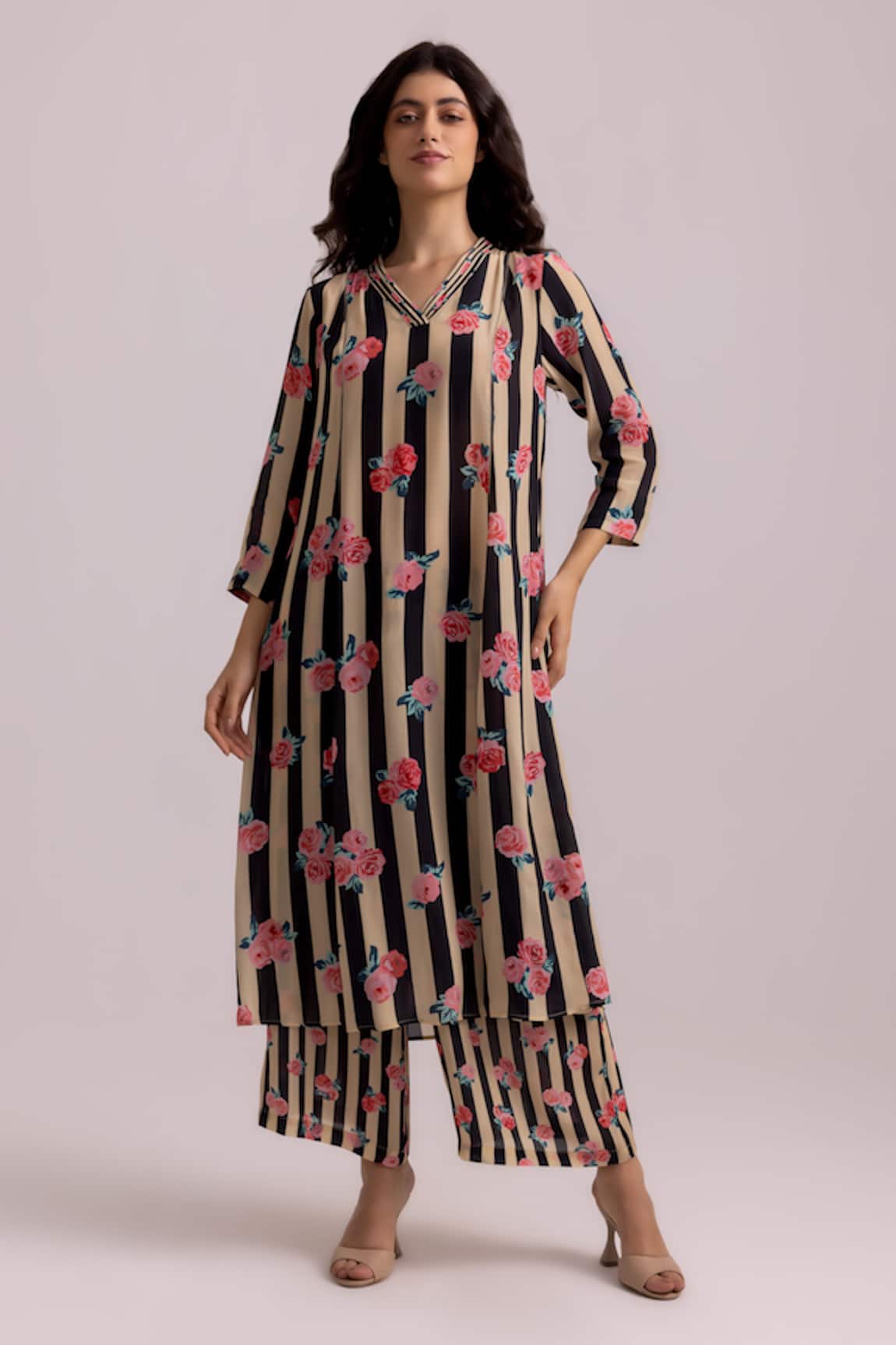 Label Shreya Sharma Rose Stripe Pattern Kurta With Pant