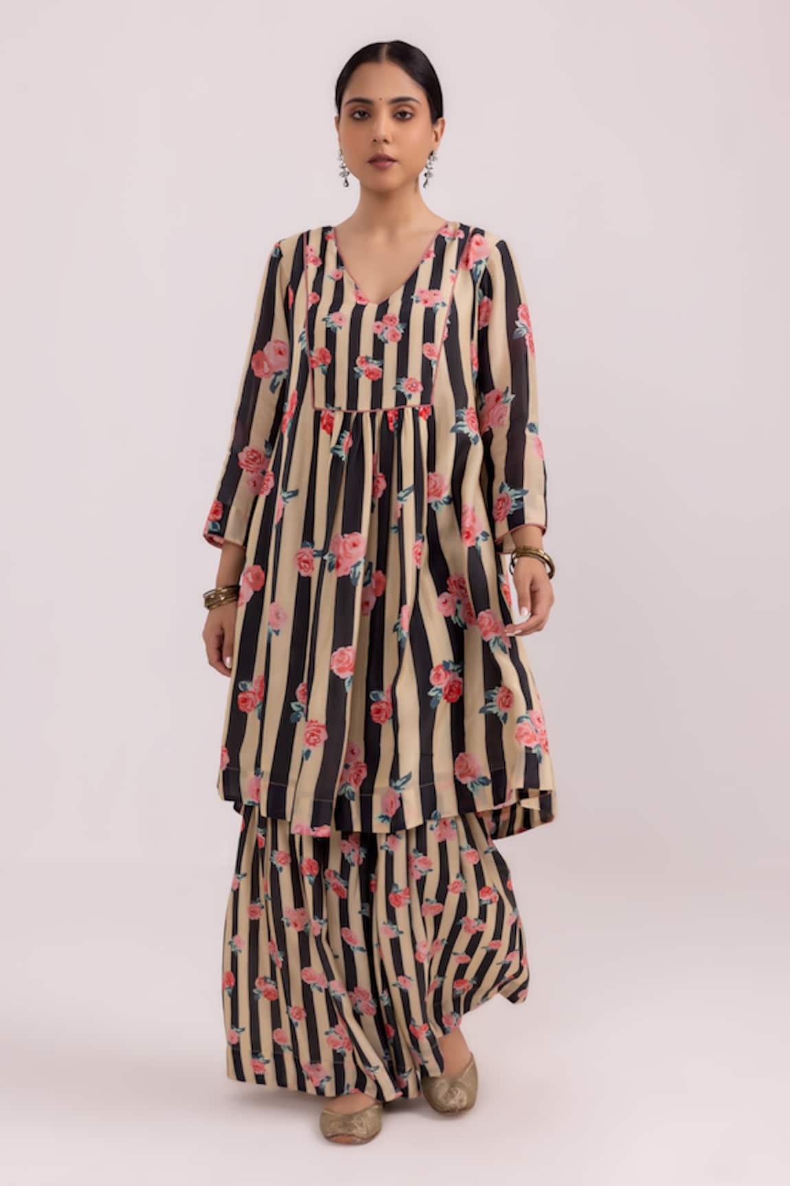 Label Shreya Sharma Rose Stripe Pattern Kurta With Sharara