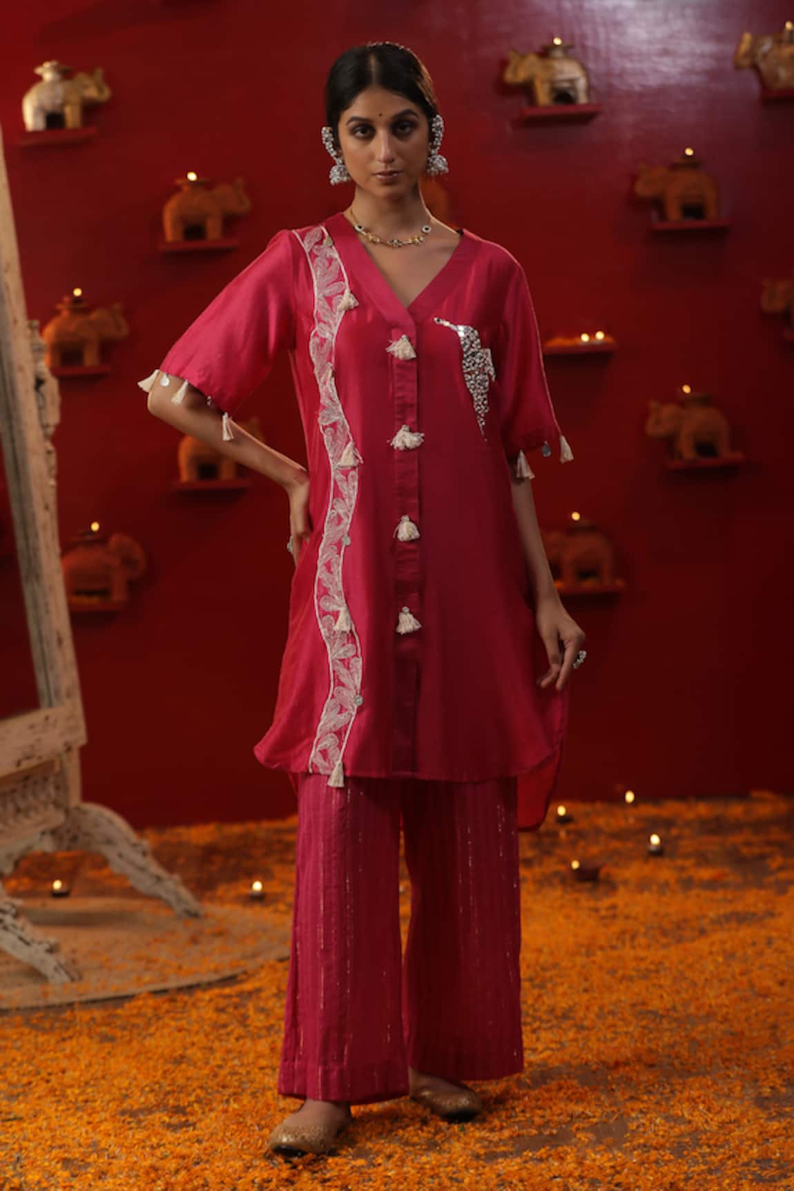 Arpita Sulakshana Bird Placement Embroidered Kurta & Flared Pant Set 