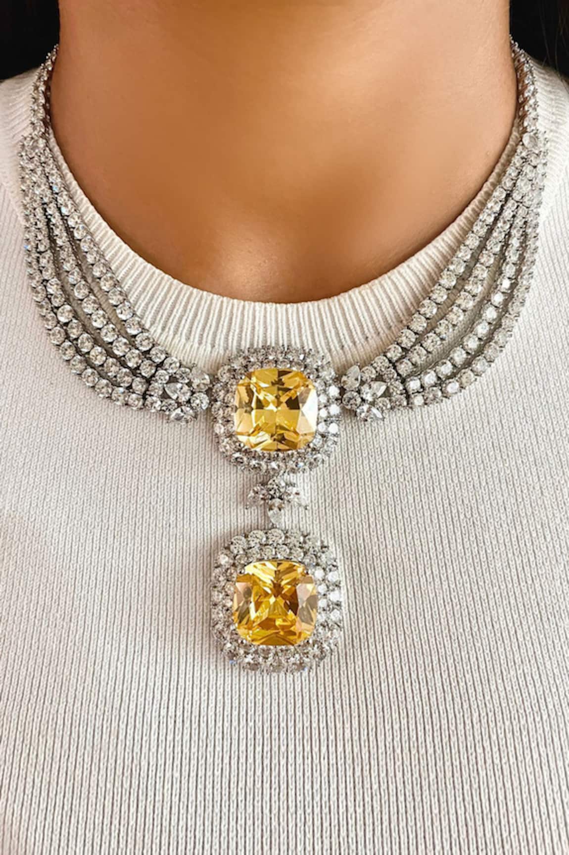 PRERTO Layered Citrine Dual Drop Necklace Set
