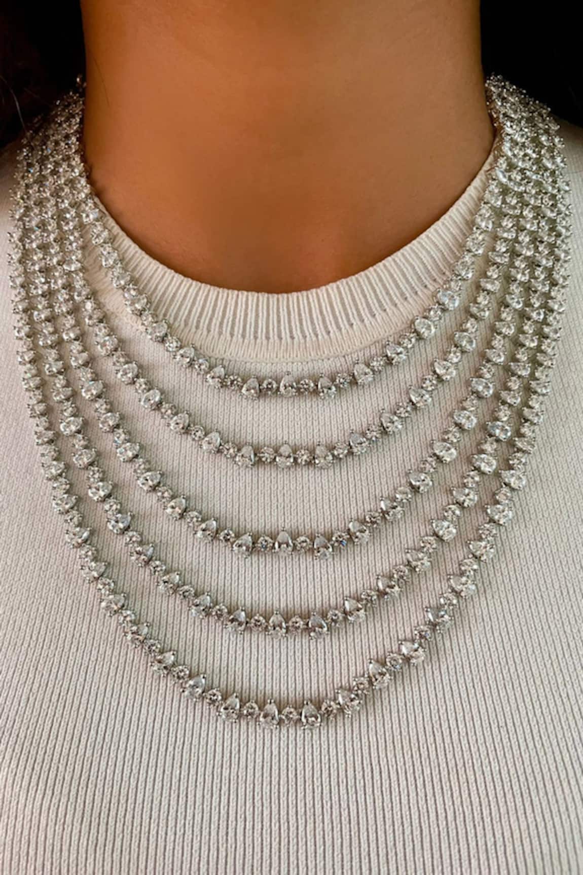 PRERTO Five Layered Statement Diamonte Long Necklace Set 