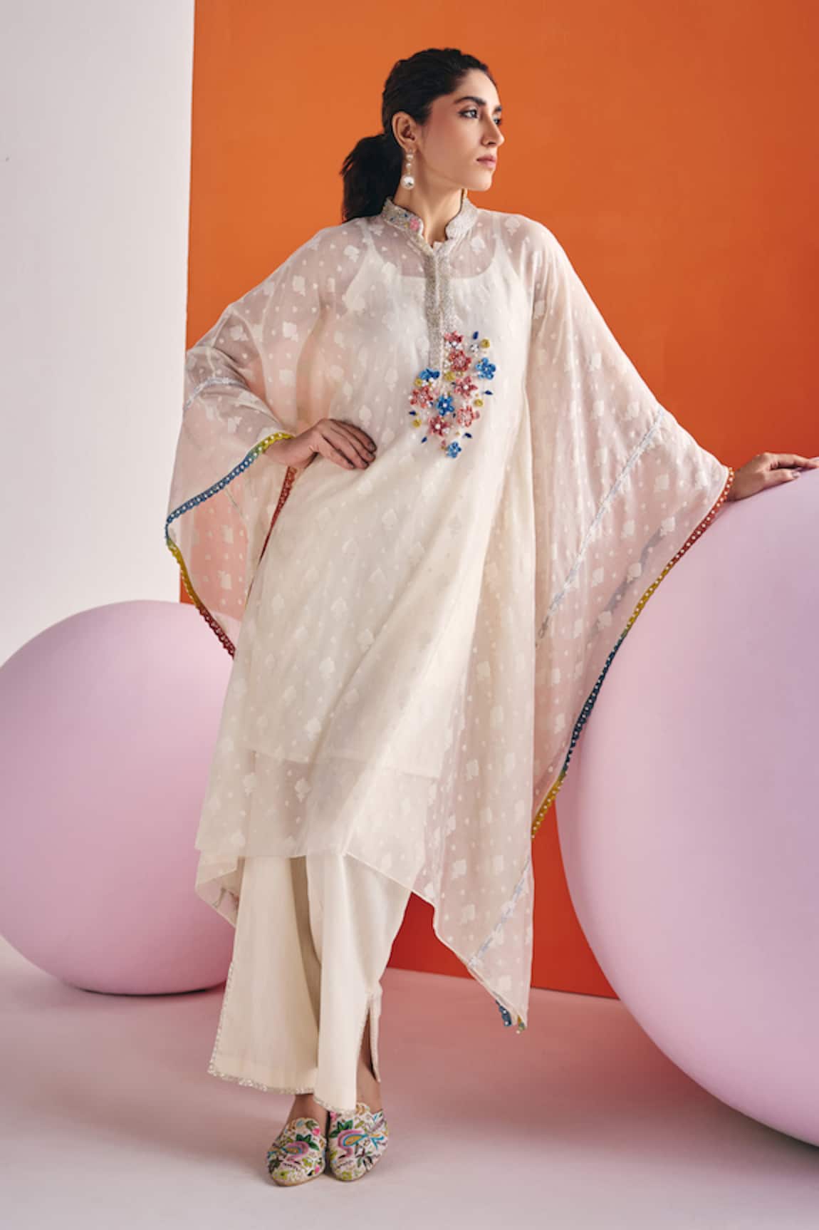Leela By A 3D Ditsy Bloom Embroidered Embellished Kaftan Set 