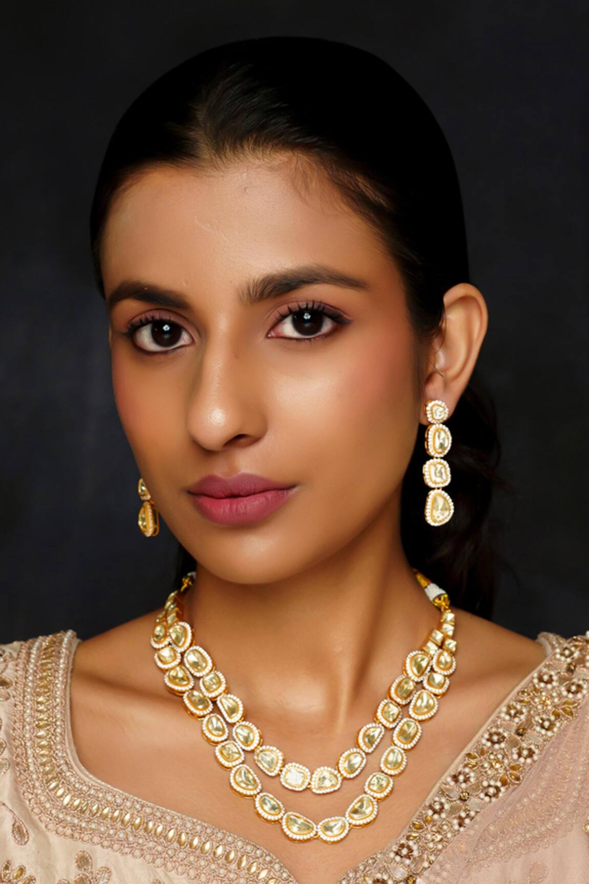 Zevar By Geeta Moissanite Studded Double Layer Necklace Set 