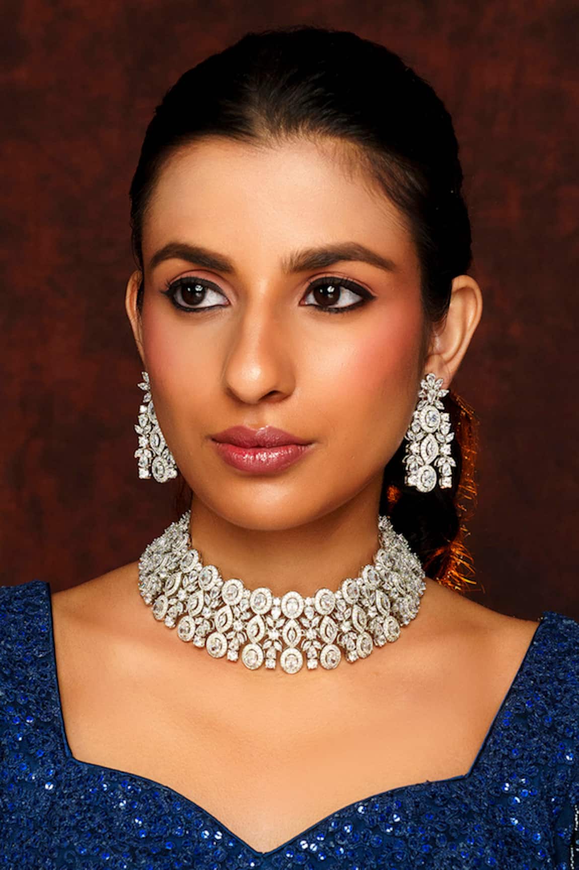 Zevar By Geeta Diamond Embellished Broad Choker Necklace Set