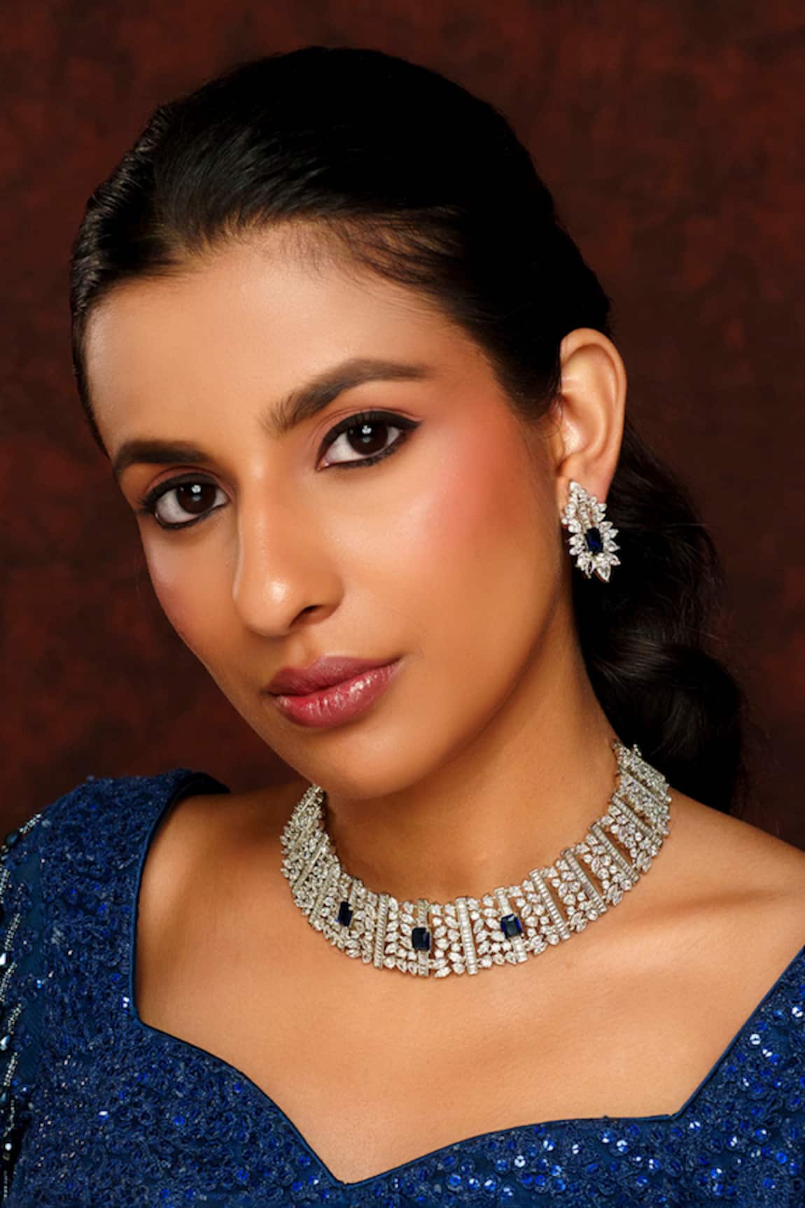 Zevar By Geeta Geometric Cutwork Faux Diamond & Sapphire Choker Set