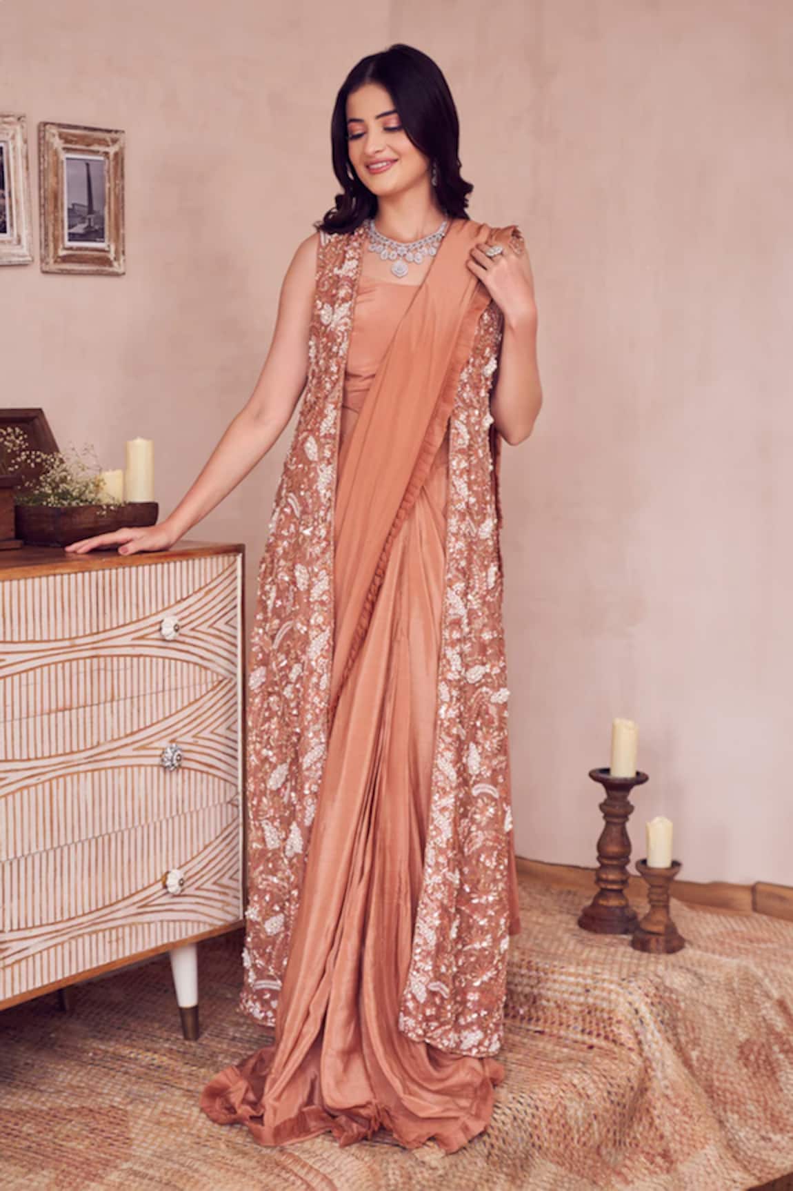 Swish By Dolcy And Simran Gilded Rose Pre-Draped Saree With Jacket