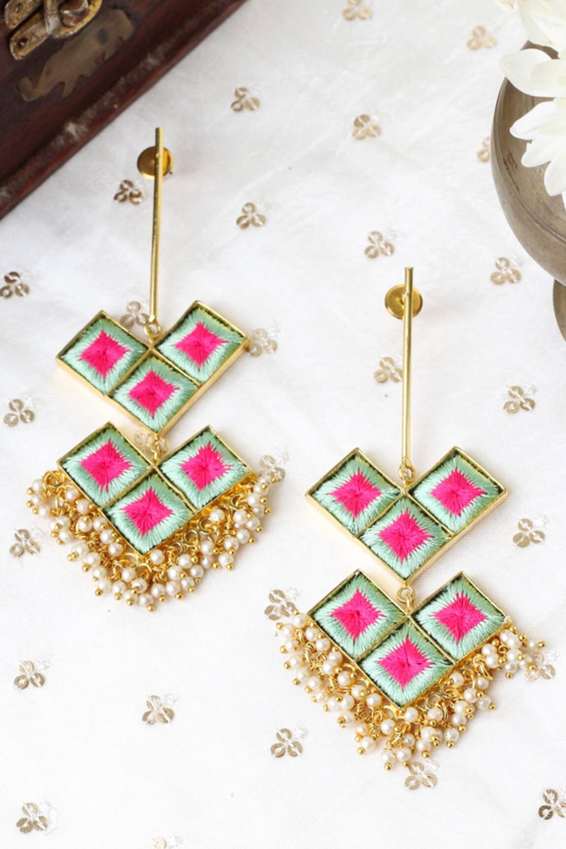 Bauble Bazaar Lotus Geometric Embroidered Earrings