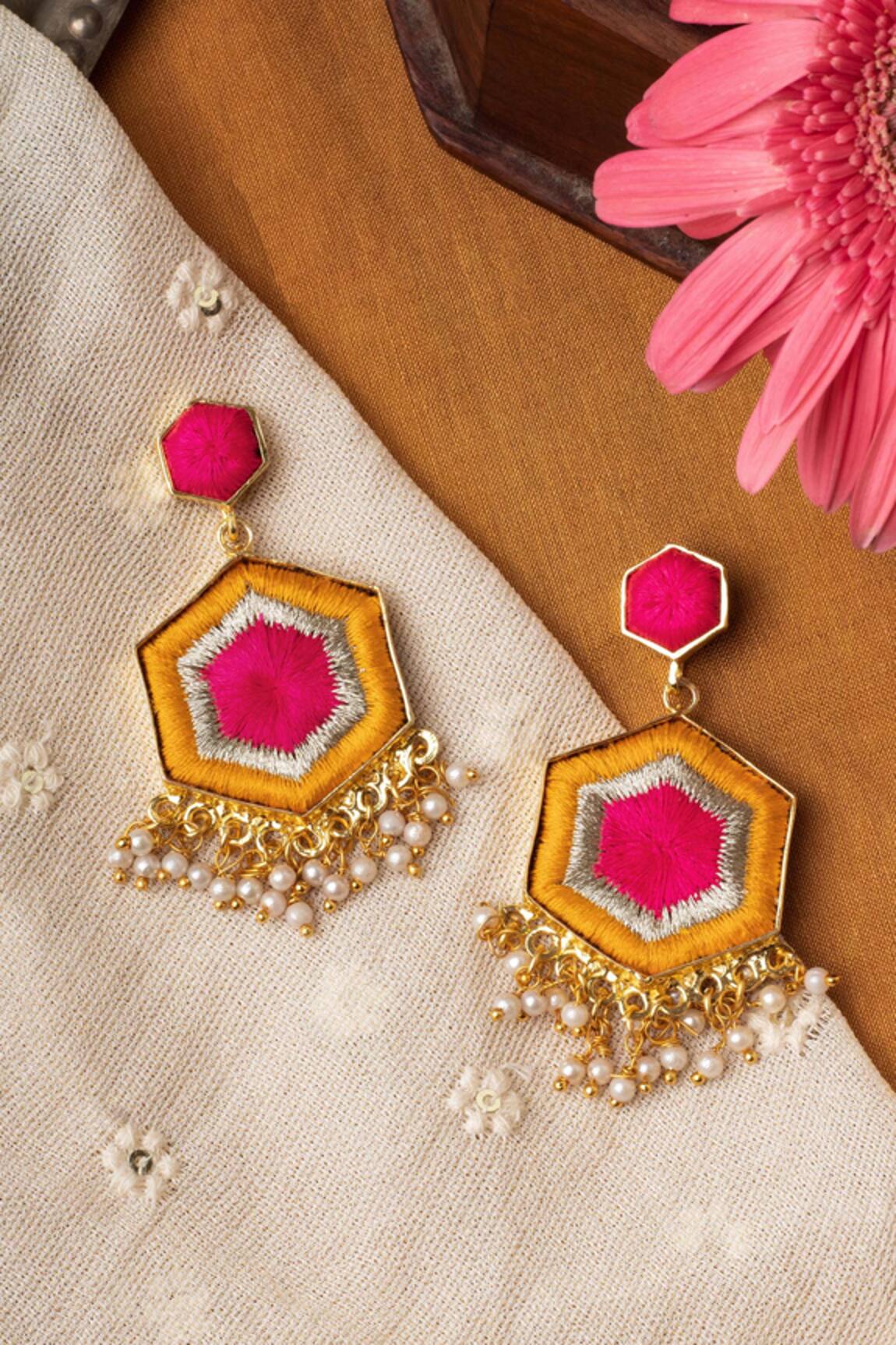 Bauble Bazaar Butter Hibiscus Embroidered Geometric Earrings