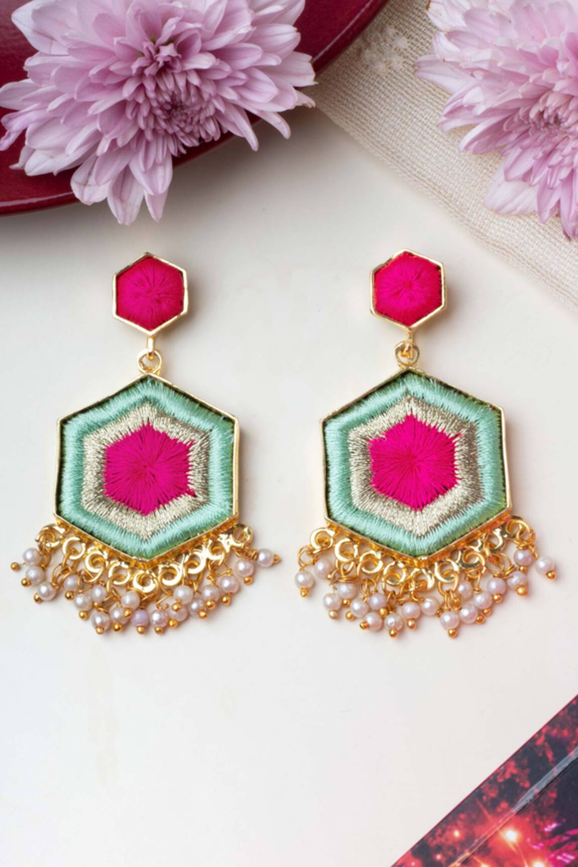 Bauble Bazaar Daisy Embroidered Geometric Earrings