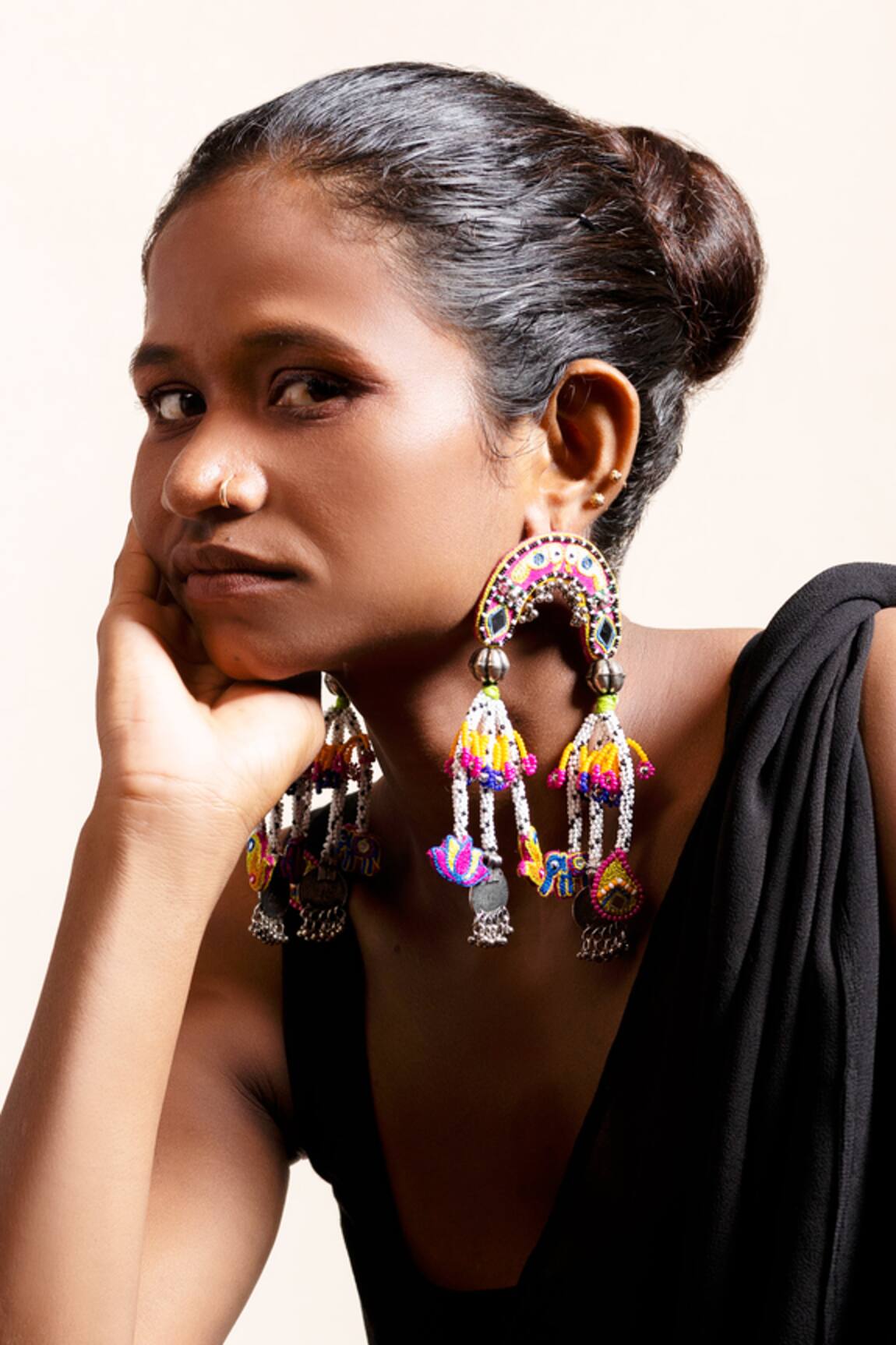 Krutiarts Mindhi Thread Embroidered Coin Tassel Earrings 