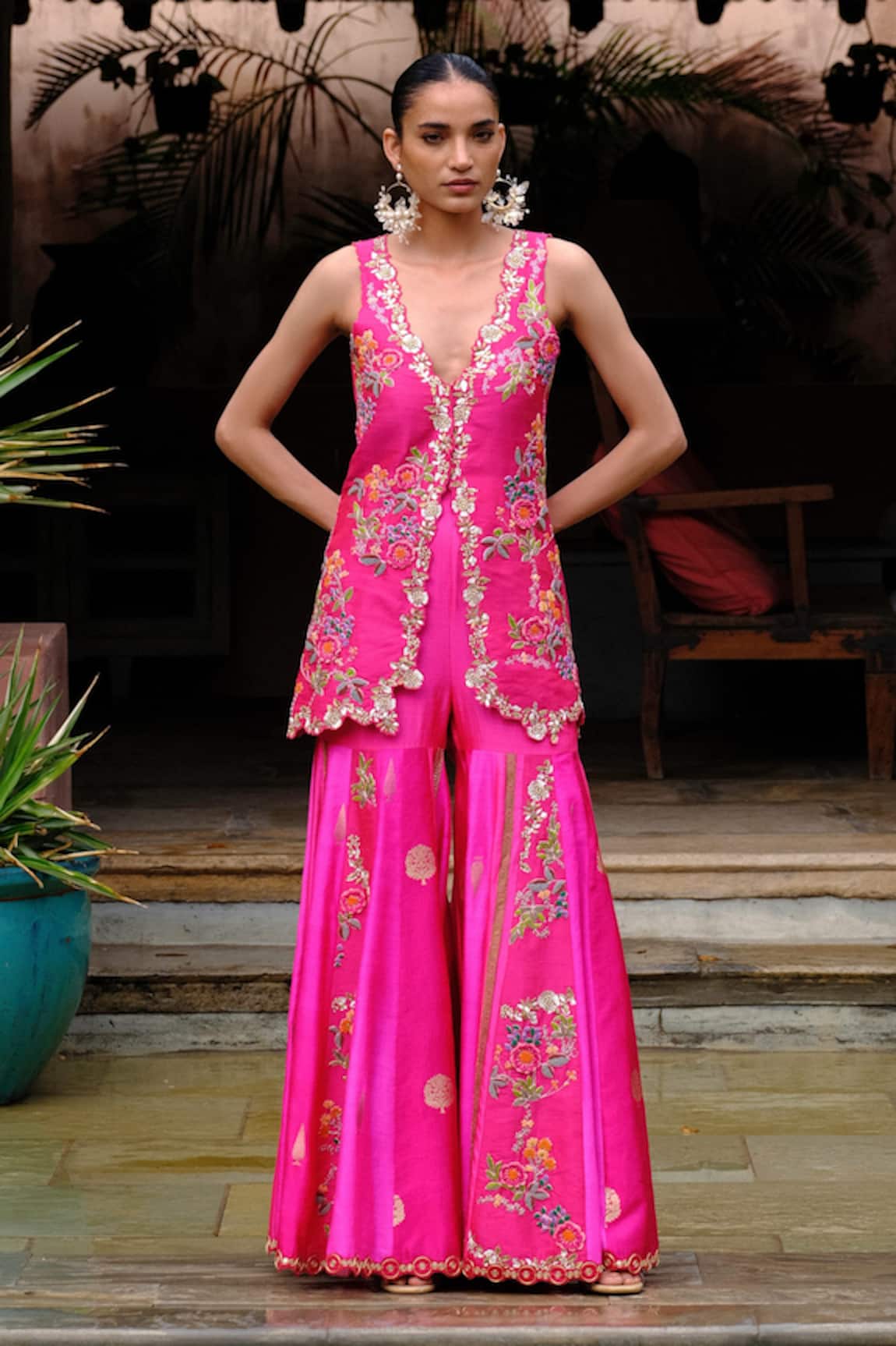 Aum By Asit And Ashima Silk Applique Embroidered Jacket Kurta With Sharara 