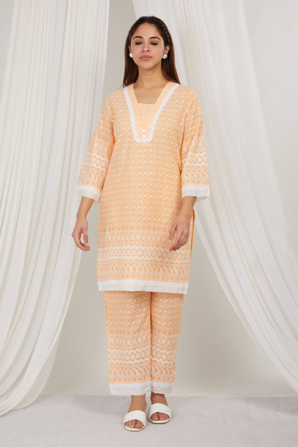 Label Muslin Papaya Embroidered Cotton Kurta With Pant