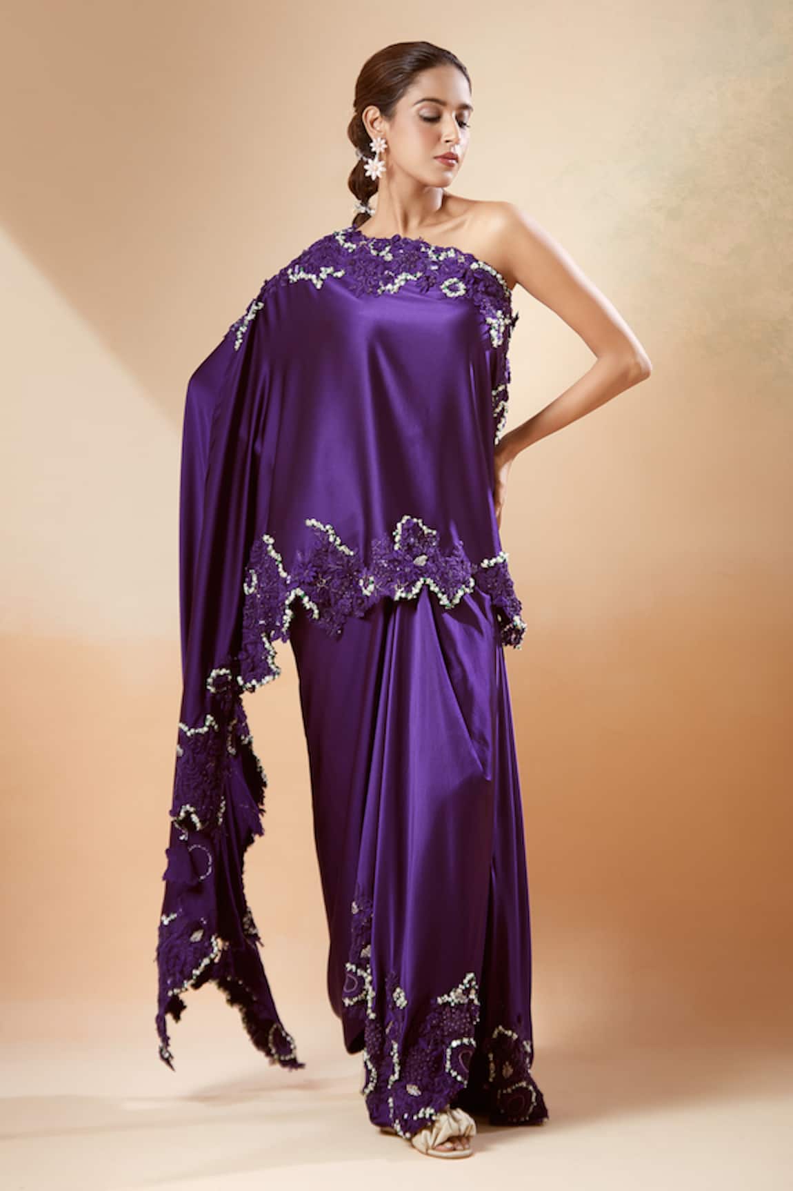 Anamika Khanna Embroidered One Shoulder Cape & Skirt Set 
