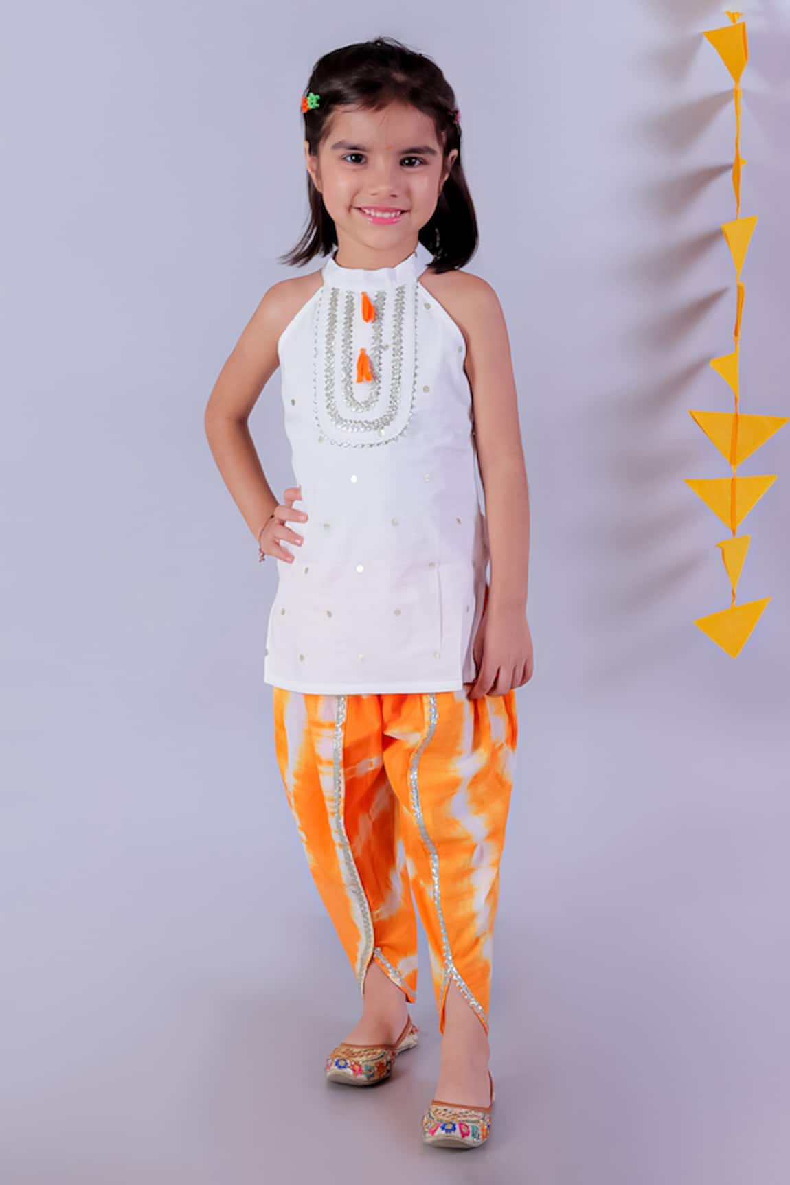Lil Drama Janmashtami Gota Lace Embellished Yoke Kurta With Tie Dye Dhoti Pant