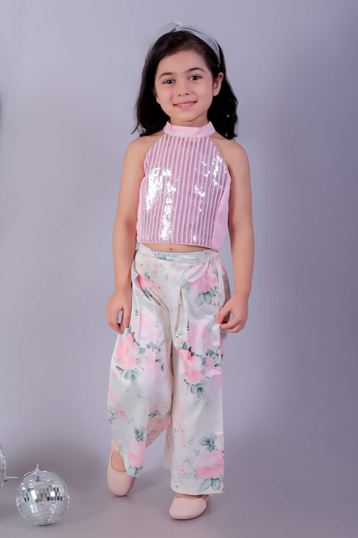 LIL DRAMA Floral Printed Sequin Top & Pant Set 