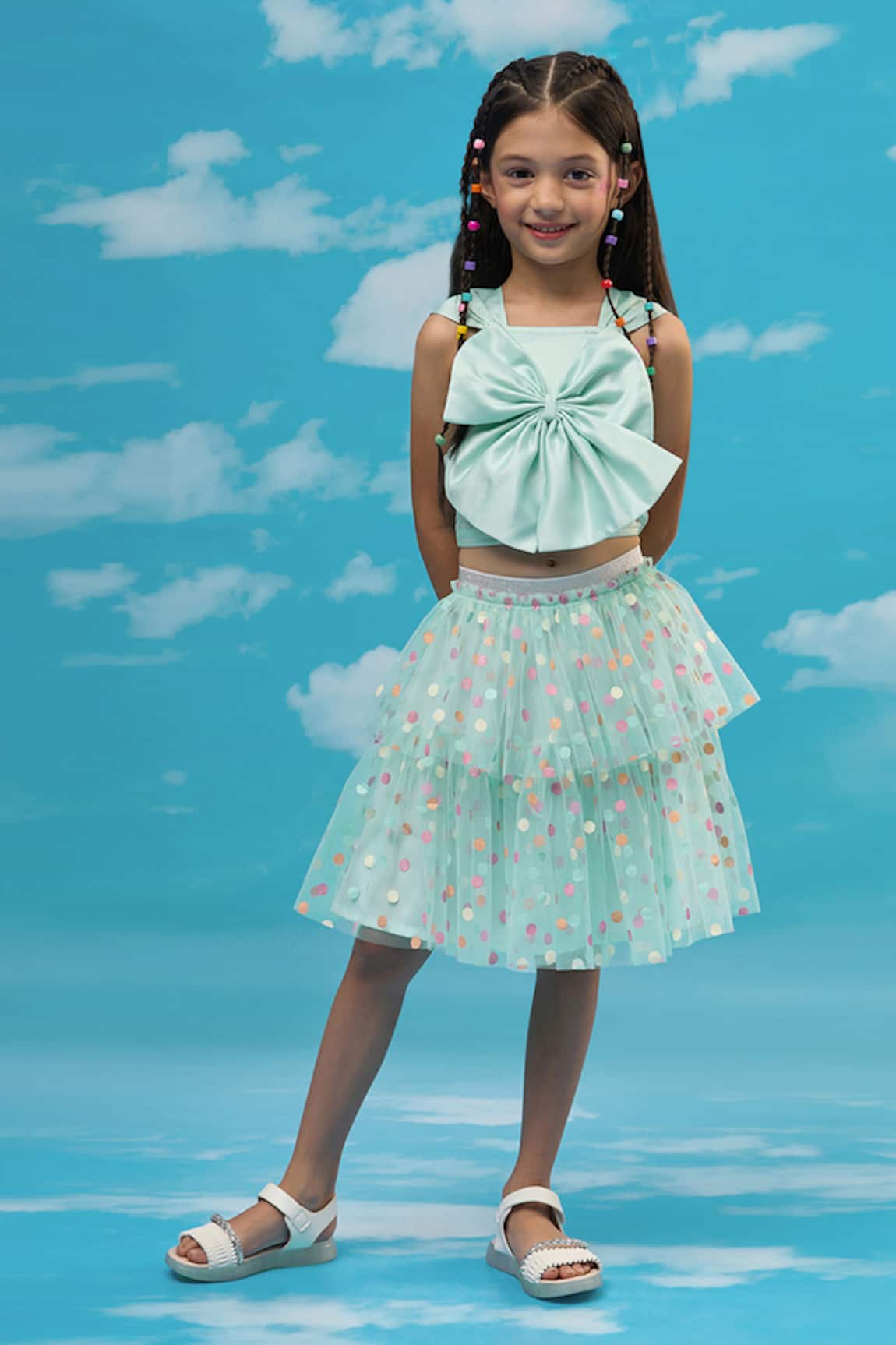 Lil Drama Bow Top & Tiered Polka Dot Skirt Set 