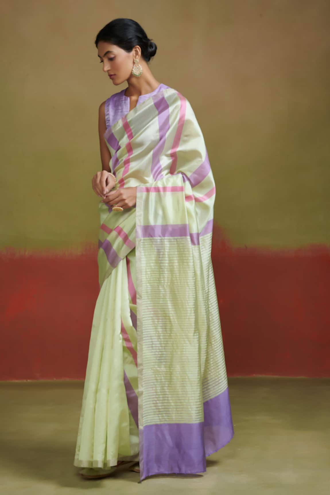 Dressfolk Triple Tone Stripe Pattern Saree with Running Blouse 