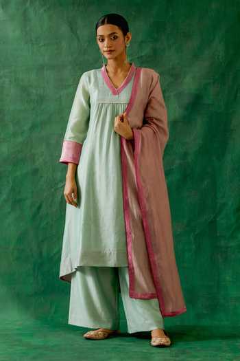 Vinusto Chanderi Zari Embroidered A-Line Kurta & Palazzo Set 