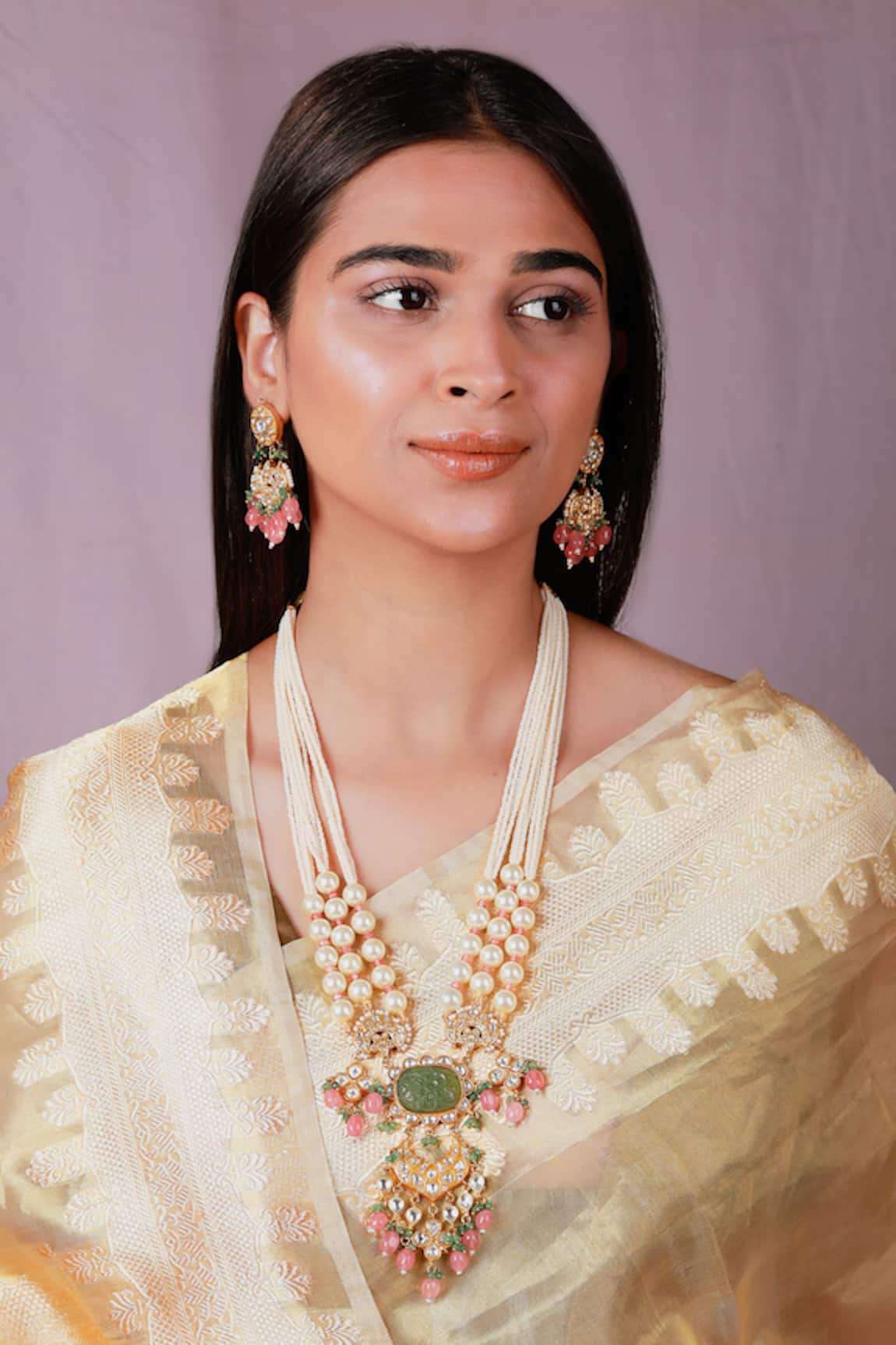 Riana Jewellery Bloom Jadau Kundan & Stone Embellished Long Necklace Set 