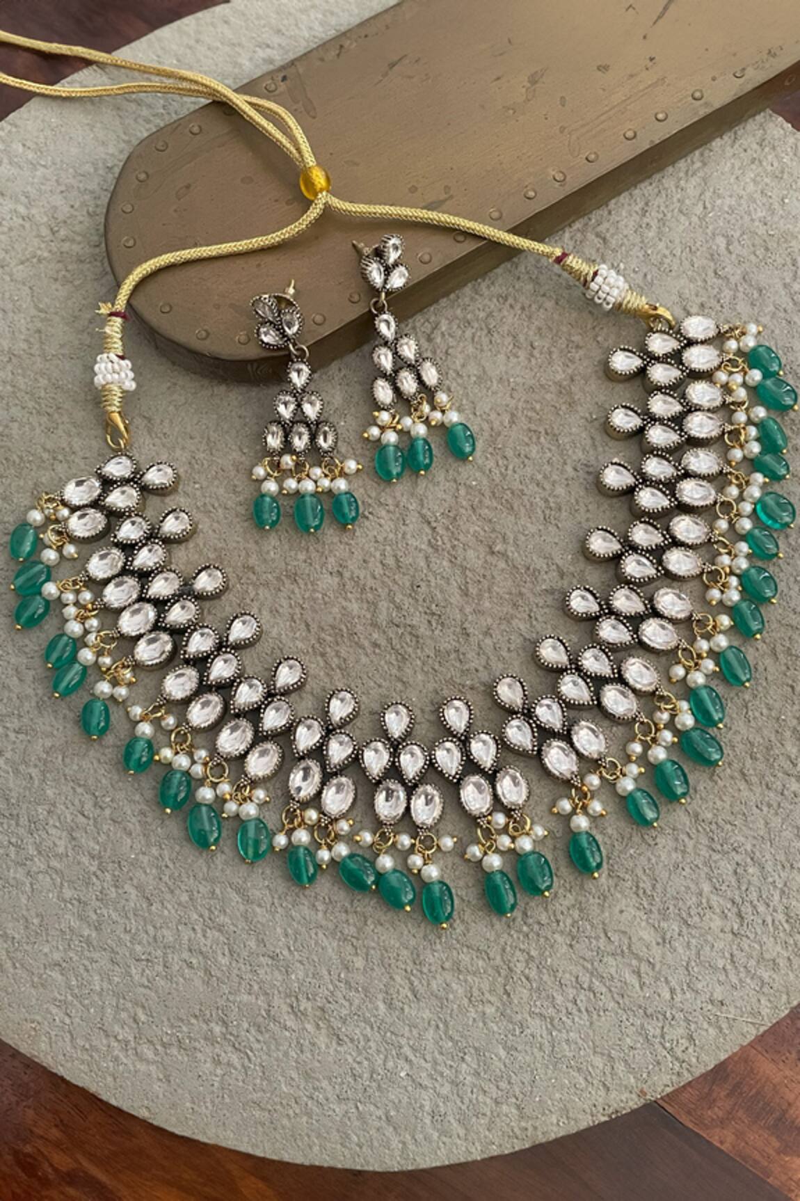 Saga Jewels Amaira Emerald Polki Embellished Necklace Set 