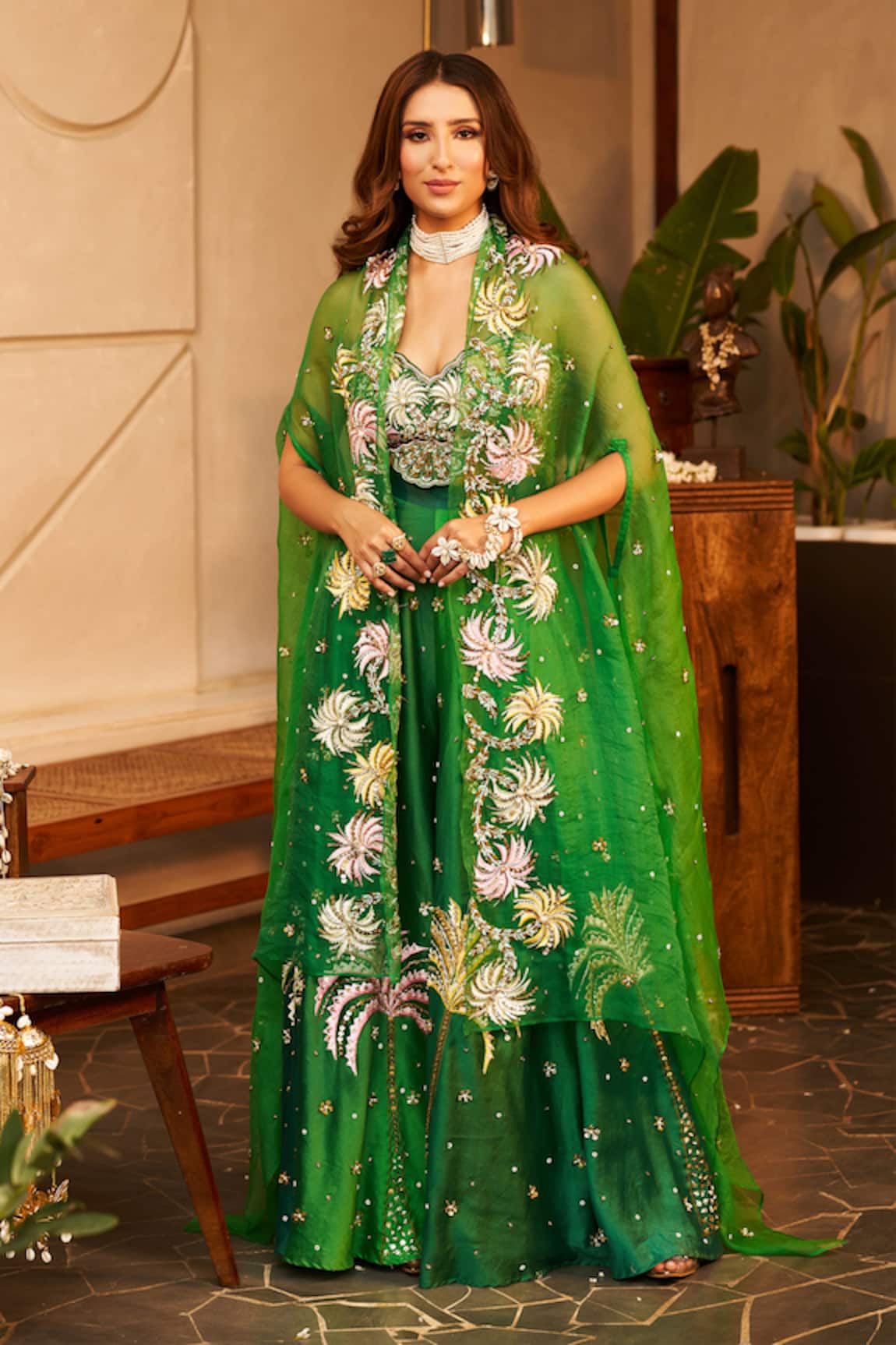 Swish By Dolcy And Simran Laila Palm Tree Embroidered Cape & Pant Set
