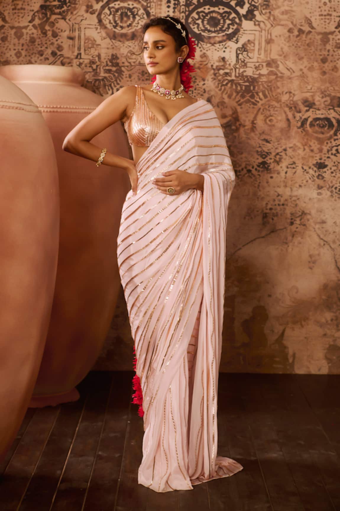 Masumi Mewawalla Pre-Draped Linear Hand Embroidered Saree With Blouse 