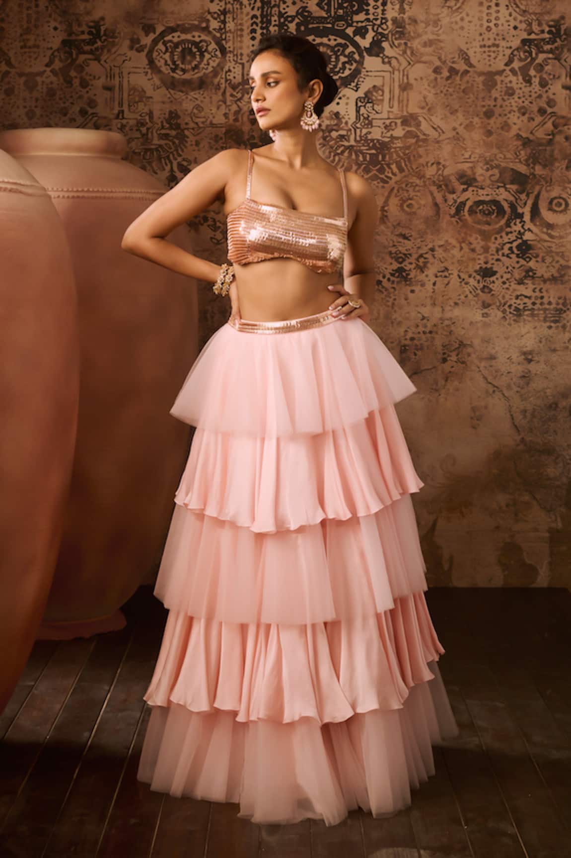 Masumi Mewawalla Hand Embroidered Blouse With Layered Skirt