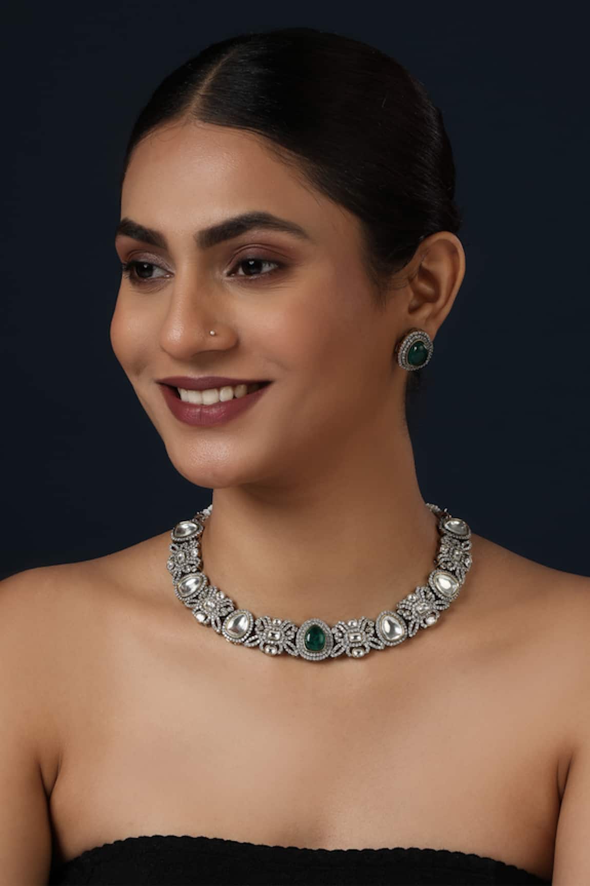 MINAKI Stone Studded Floral Swirl Necklace Set 