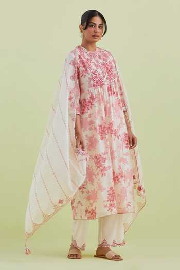 Kora Mirrror & Kantha Embroidered Kurta Pant Set 