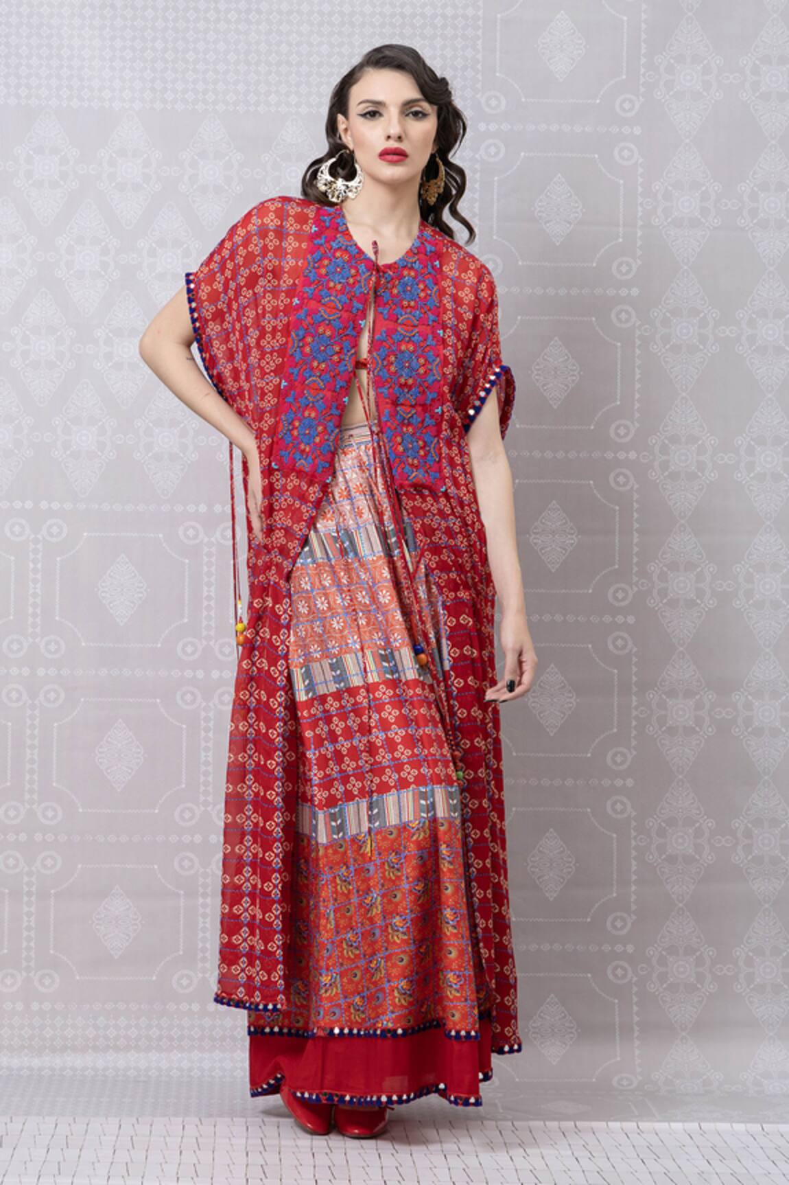 Niki Mahajan Handblock Print Cape With Skirt