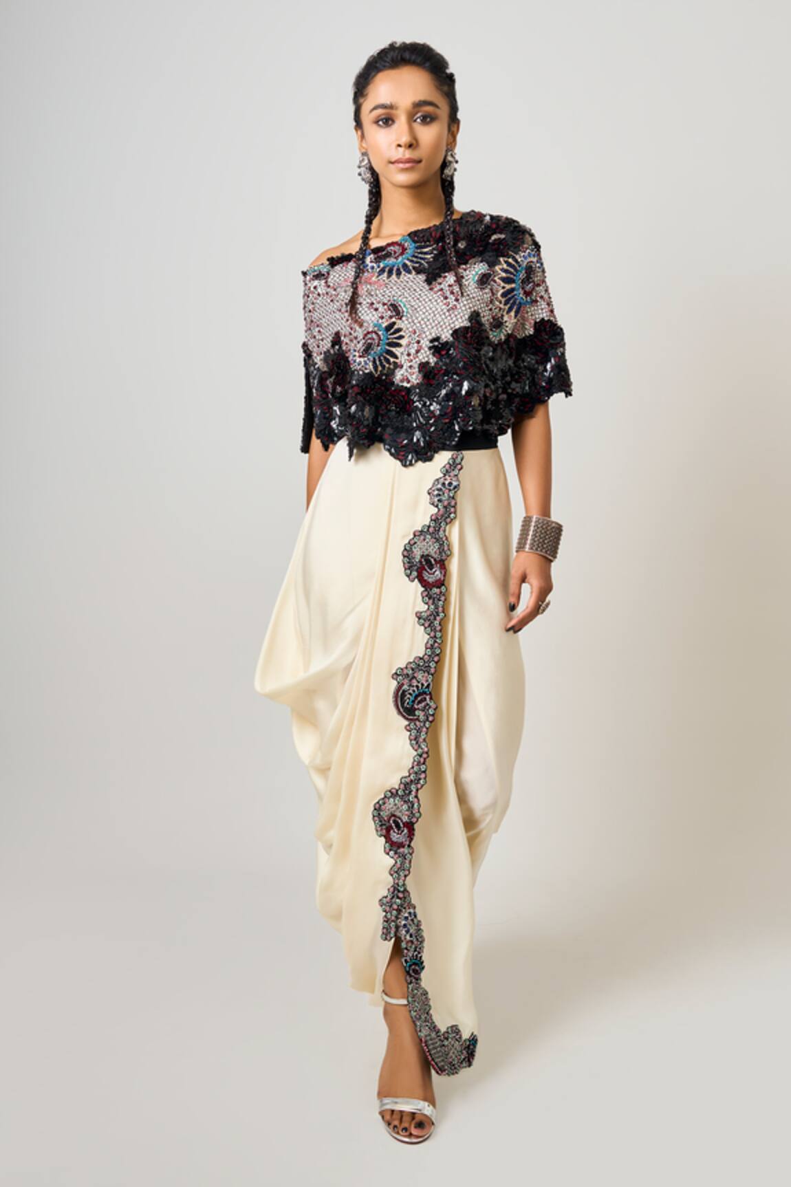 Nupur Kanoi Sequin Floral Embellished Cape With Pre-Draped Skirt Saree 