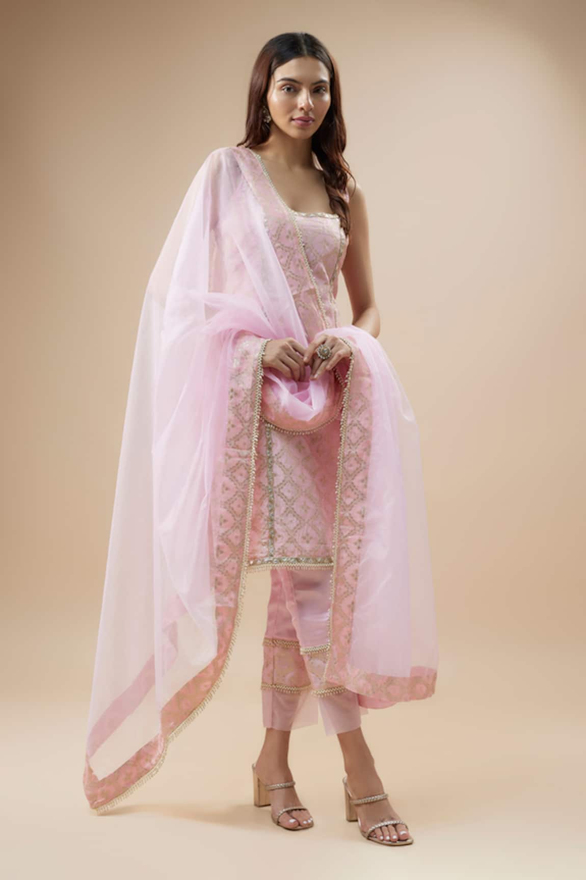 Monk & Mei By Sonia Anand Checkered Woven Kurta Pant Set