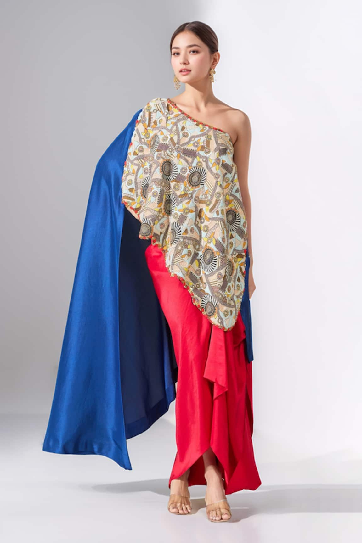 Anamika Khanna One Shoulder Embroidered Cape Skirt Set