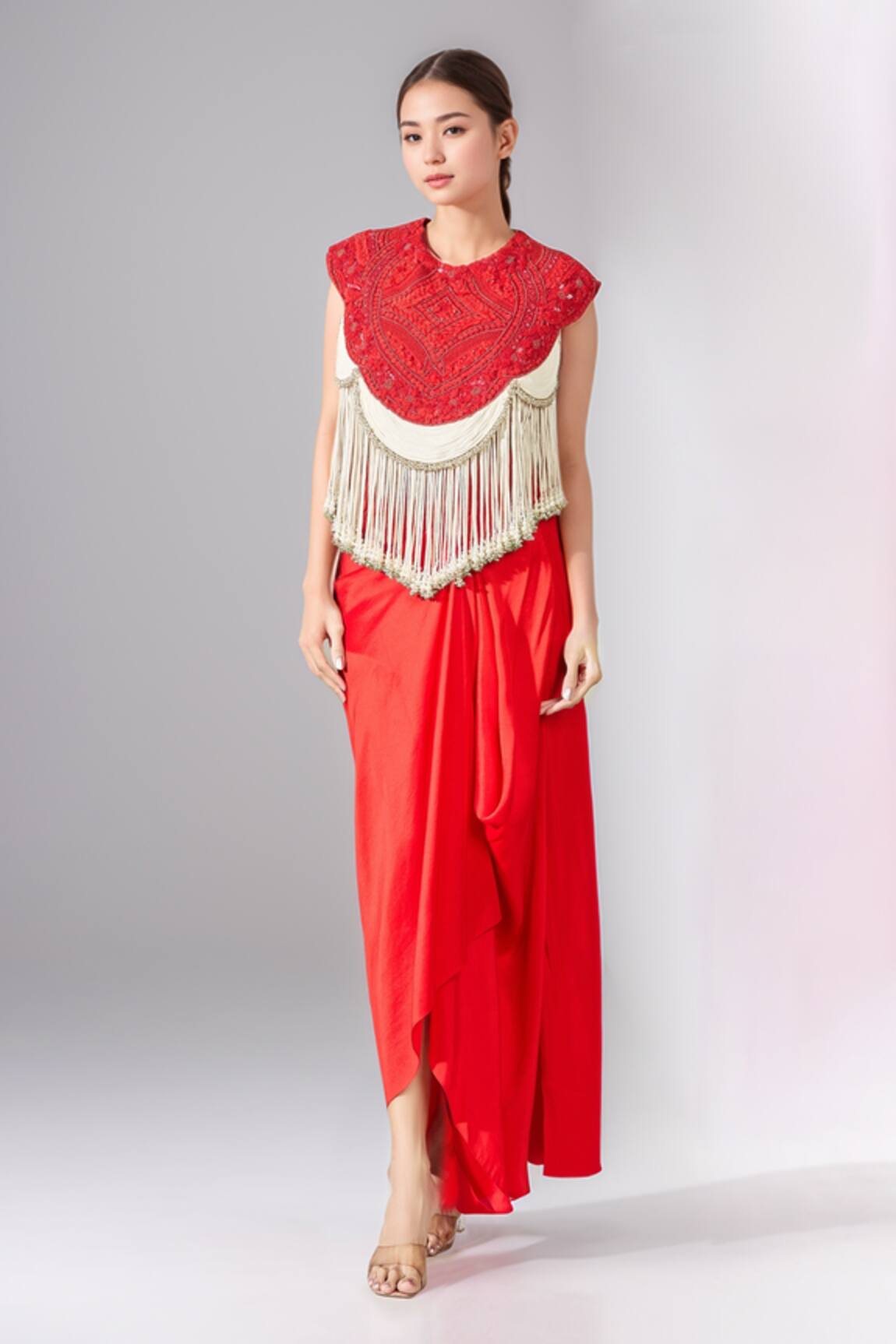 Anamika Khanna Tassel Embroidered Cape & Draped Skirt Set