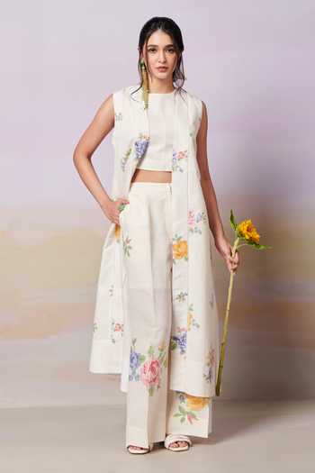Moh India Cross Stitch Rose Sleeveless Overlay Pant Set 