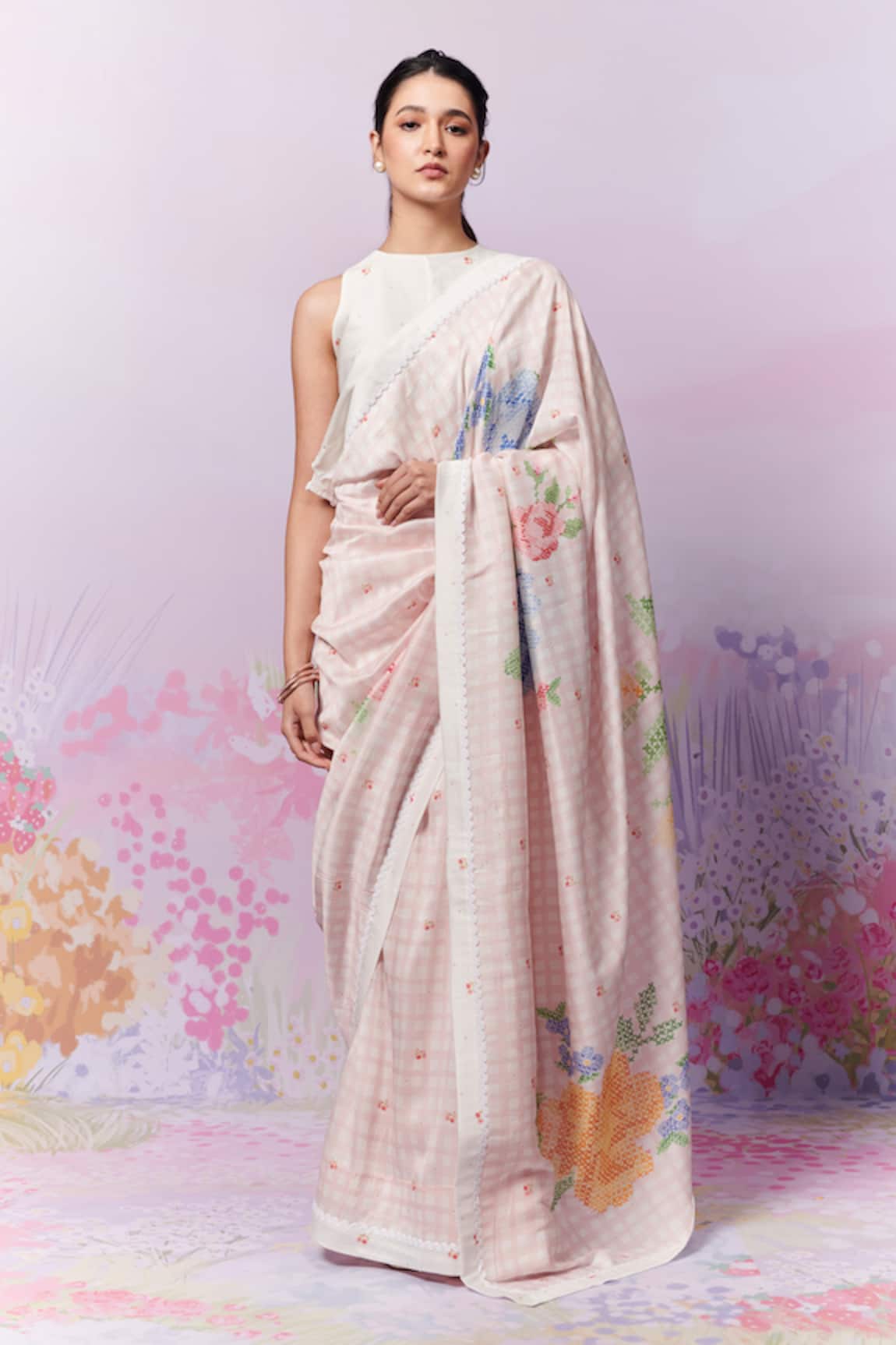 Moh India Blush Blossom Gingham Print Saree With Blouse